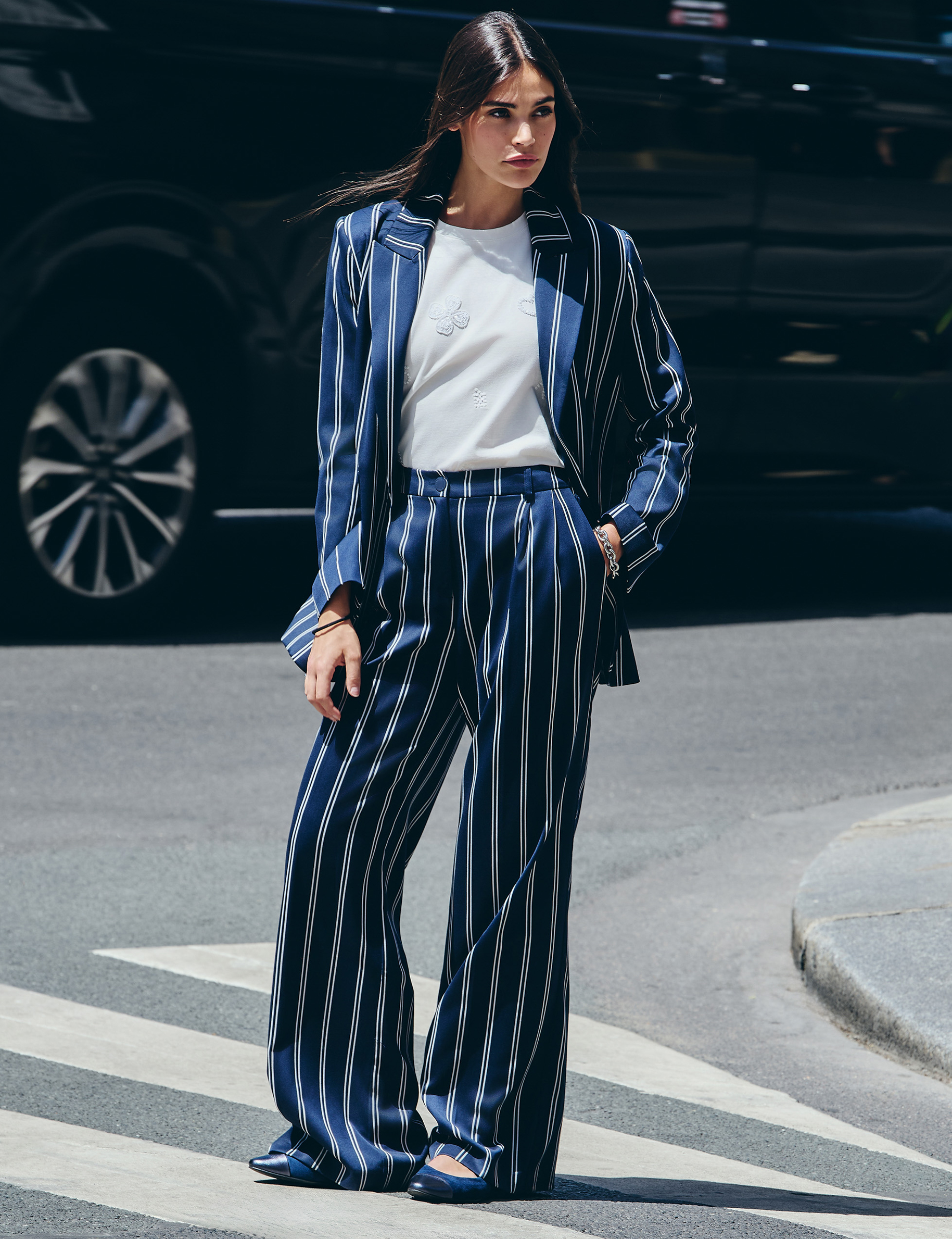 Hoge taille wijde broek marineblauw vrouw