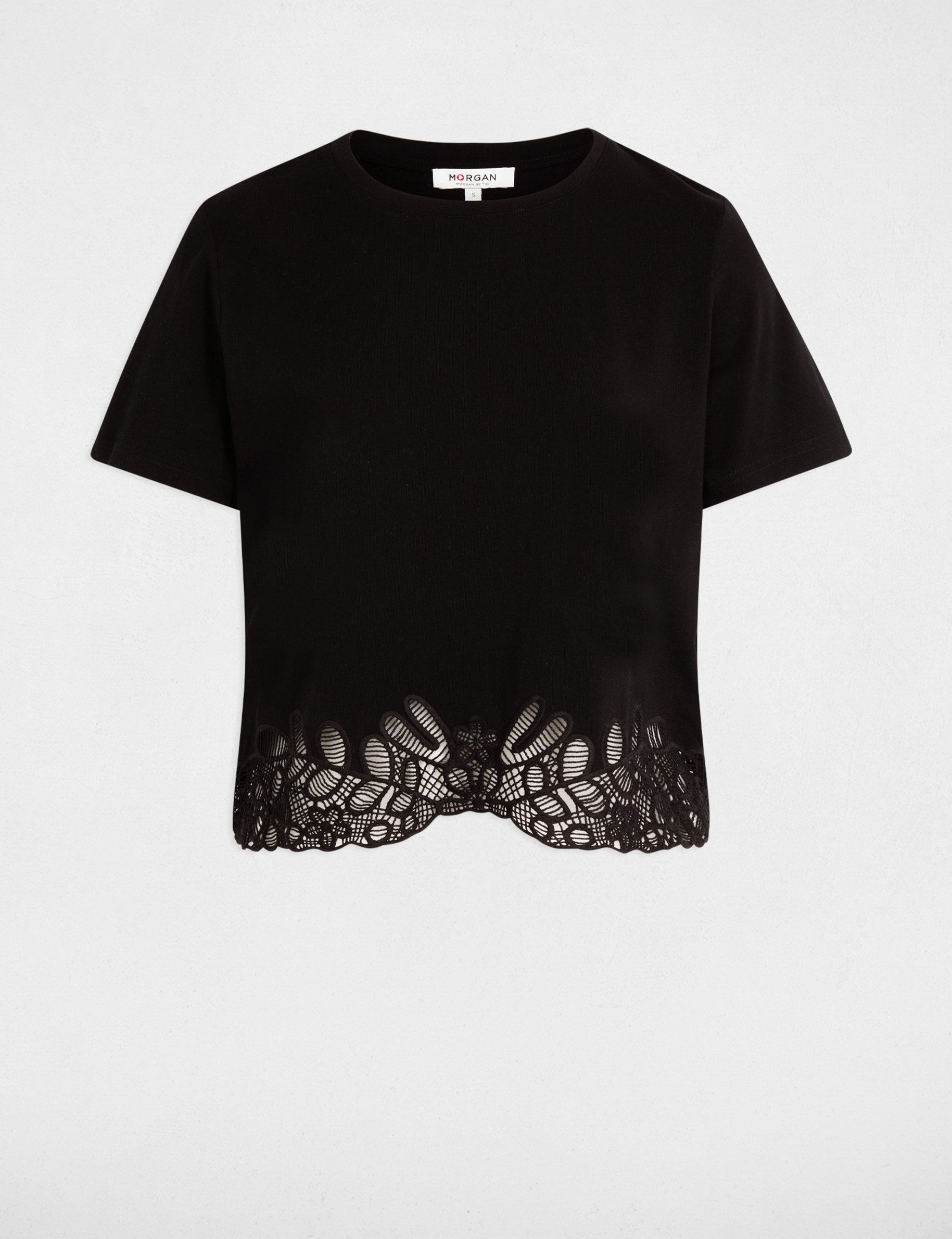 Geborduurd T-shirt met ronde hals zwart vrouw