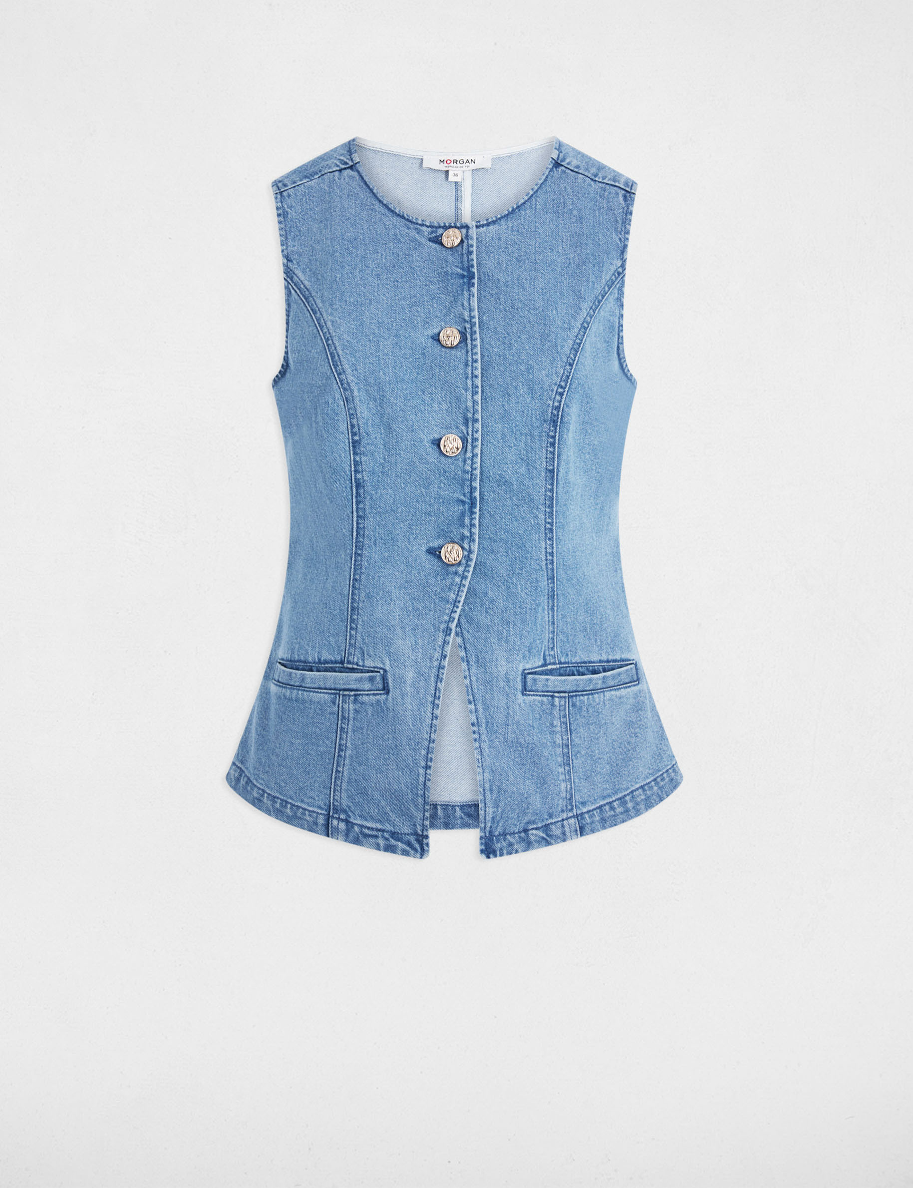 Mouwloos spijkerjack dubbel stone washed denim vrouw