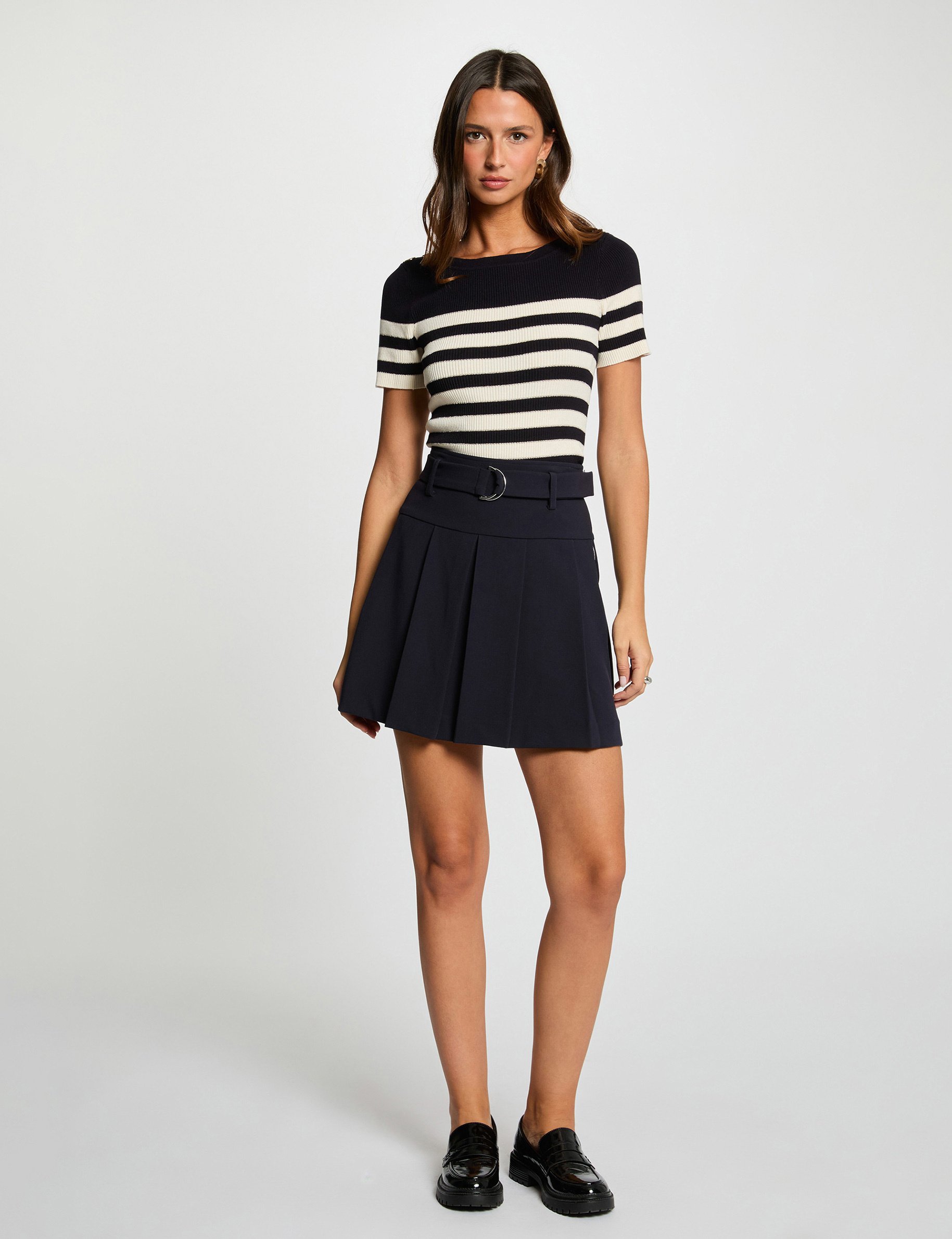 Pull col rond &agrave; rayures bleu marine femme