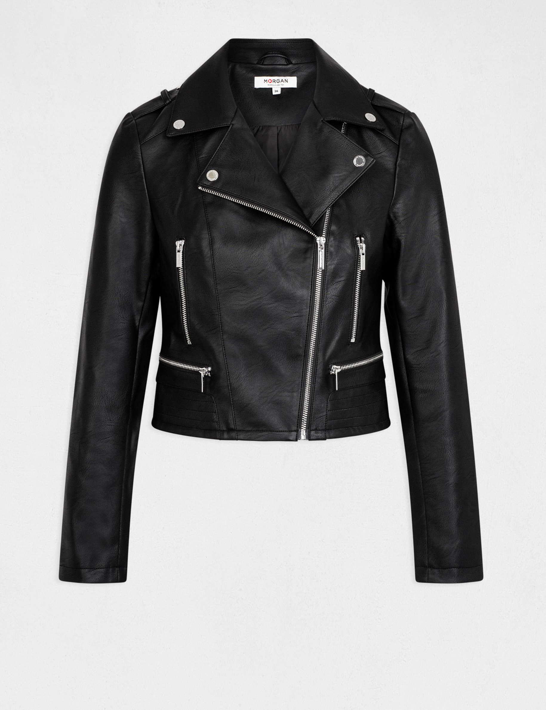 Blouson droit avec col cranté à revers noir femme