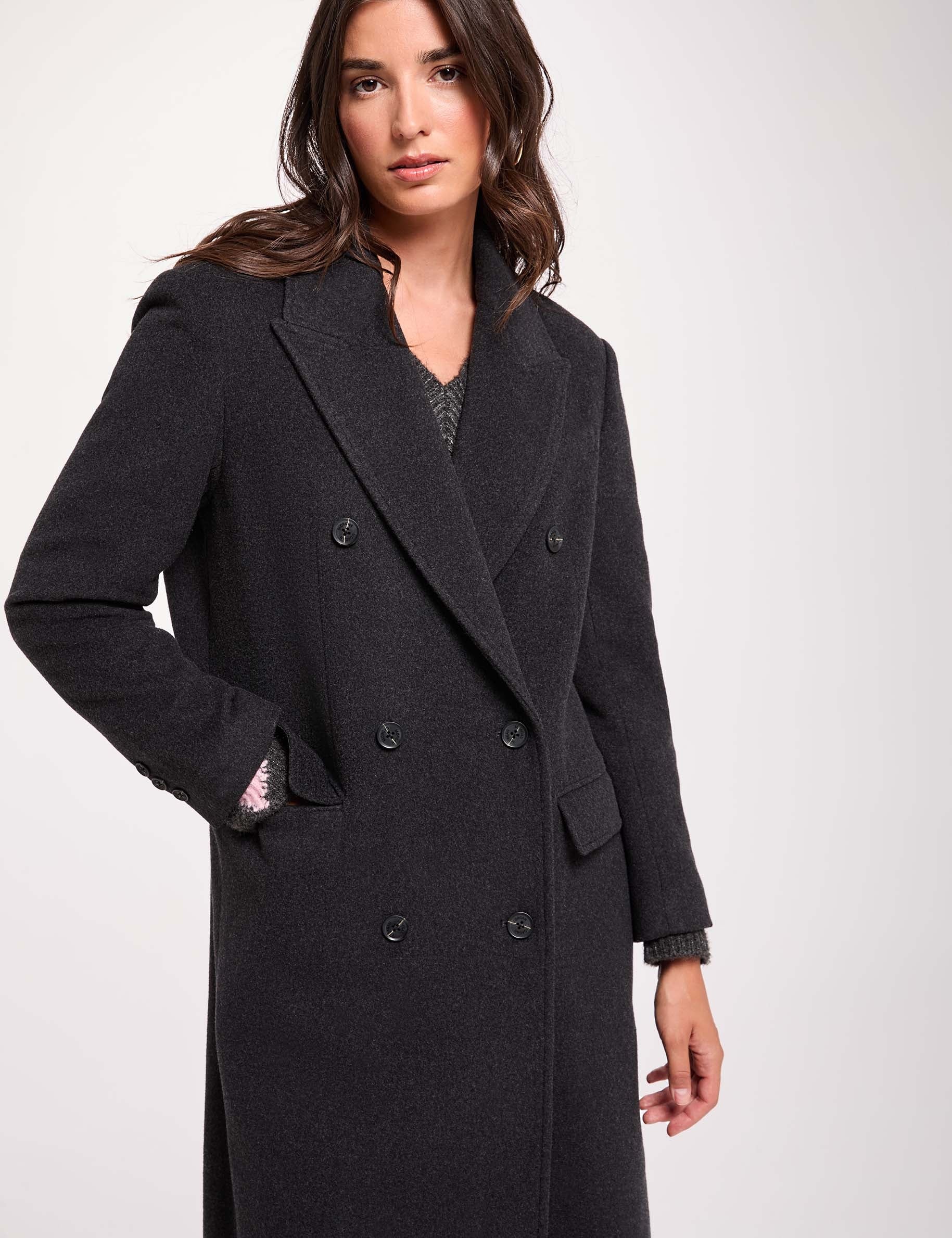 Manteau long col tailleur denim gris fonce femme