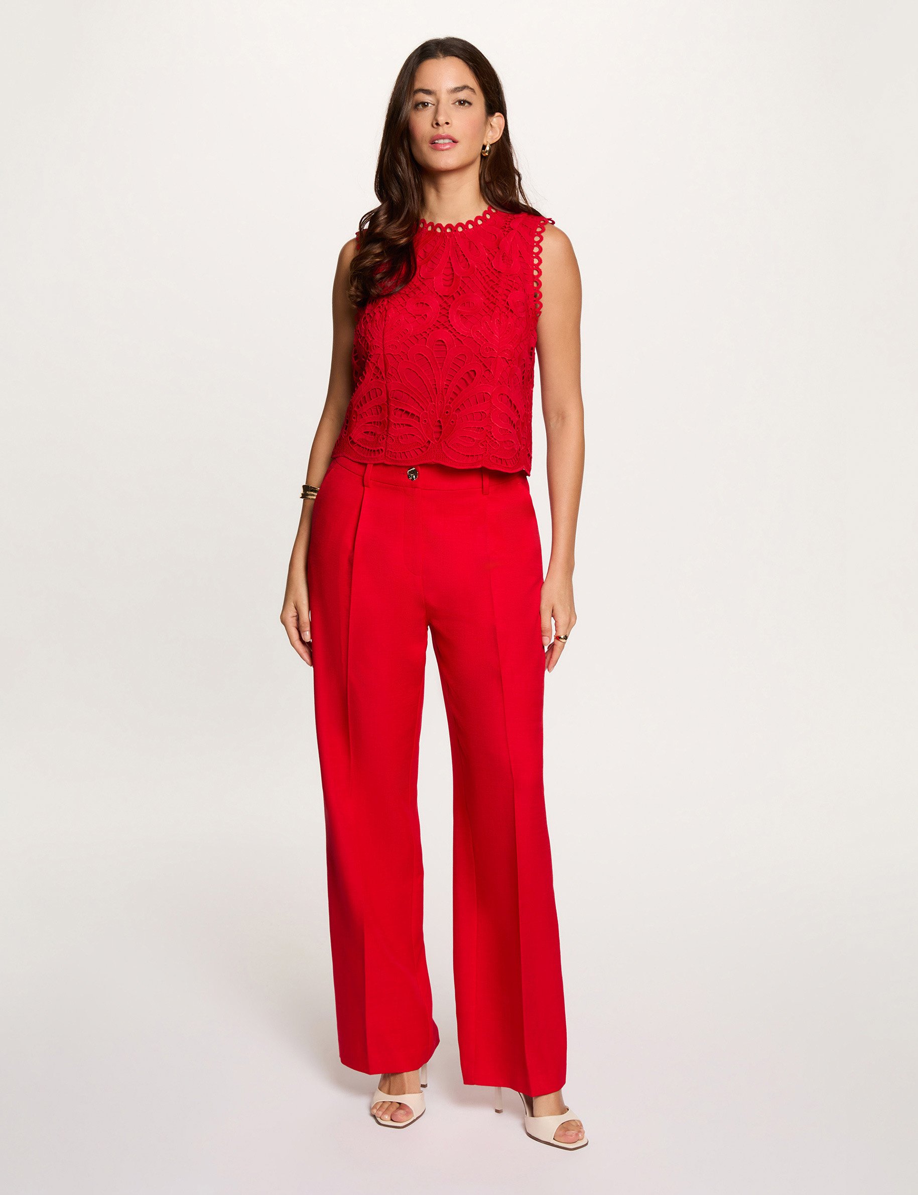 Mouwloze kanten top met print rood vrouw