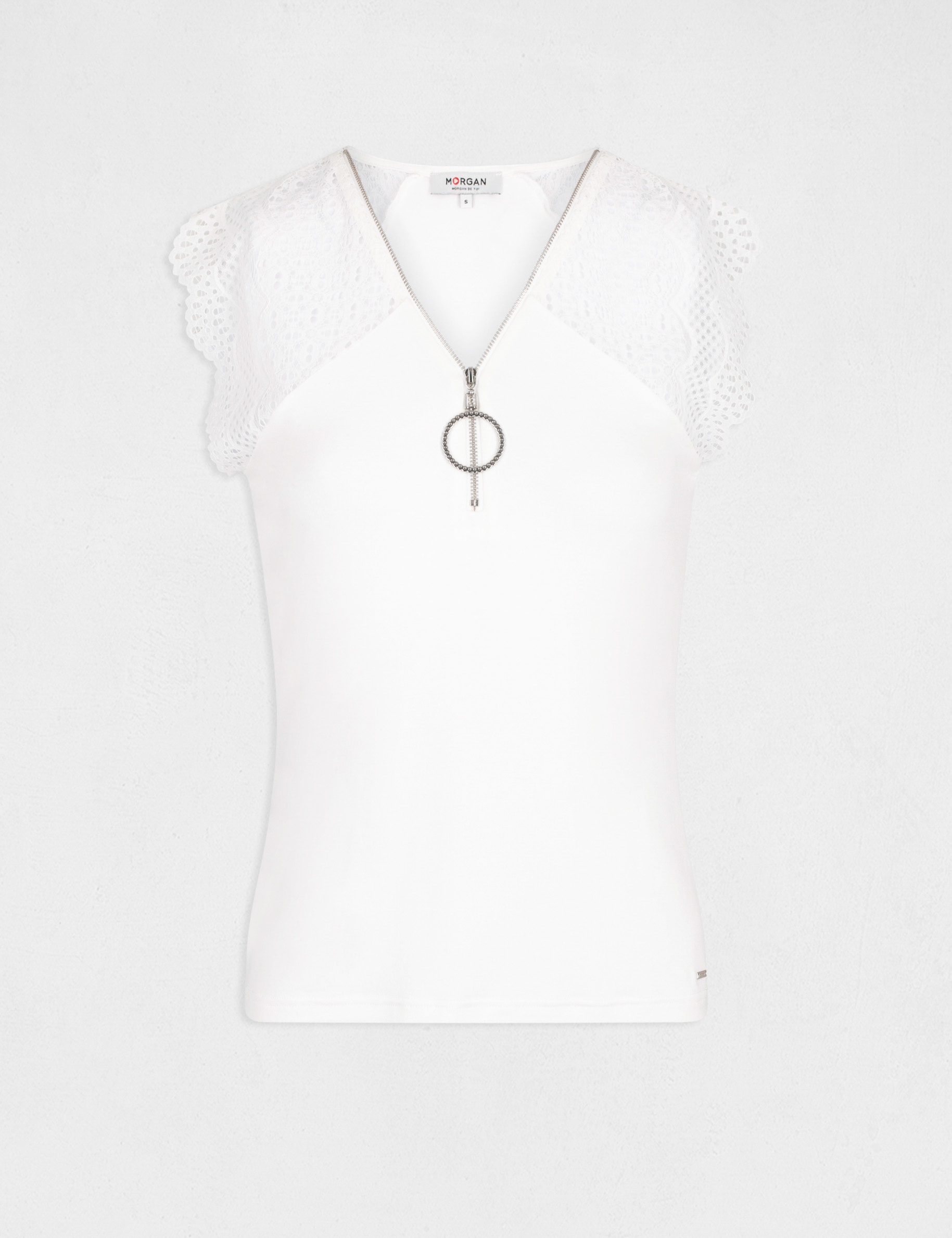 T-shirt manches courtes à dentelle ecru femme T-shirt manches courtes à dentelle ecru femme