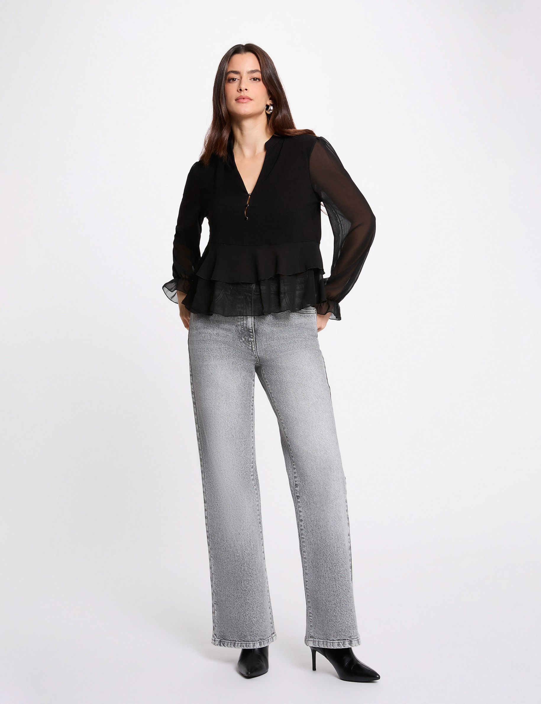 T-shirt col v volants noir femme