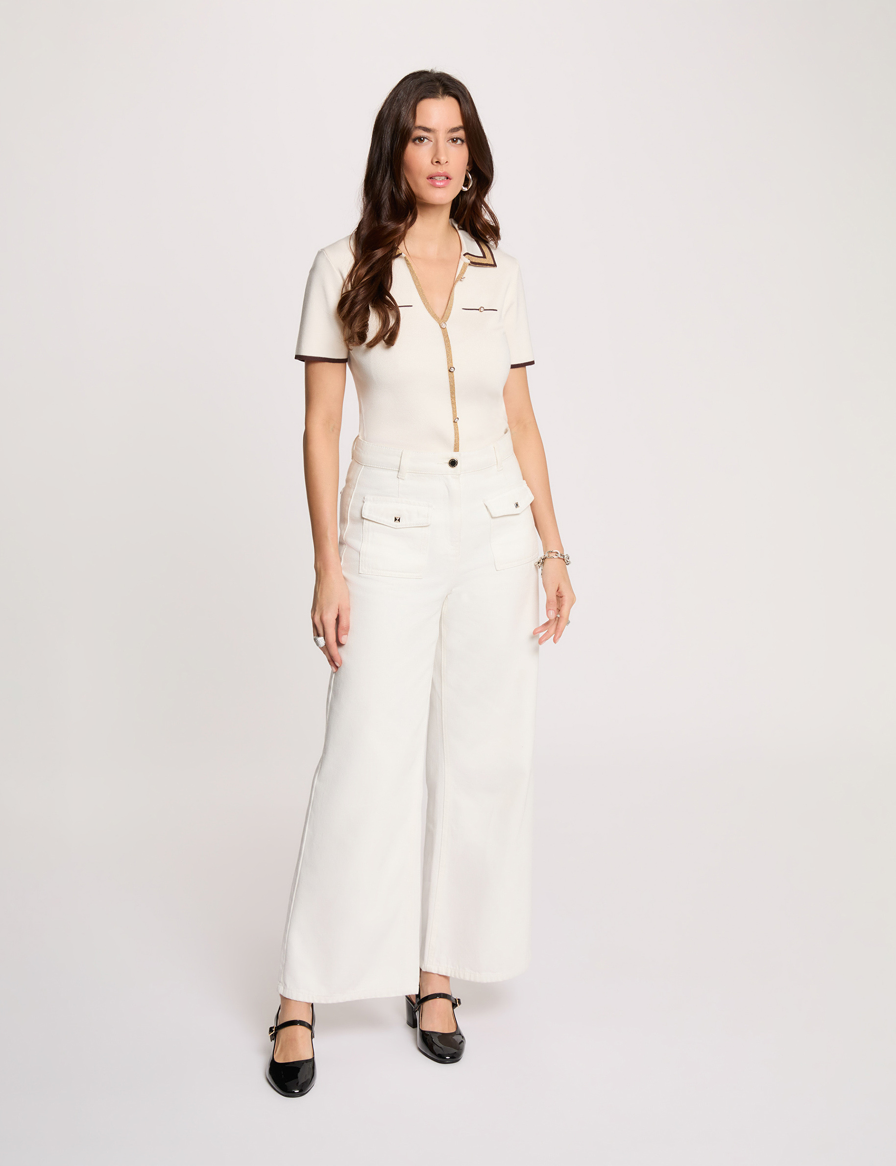 Pull col polo manches courtes ivoire femme