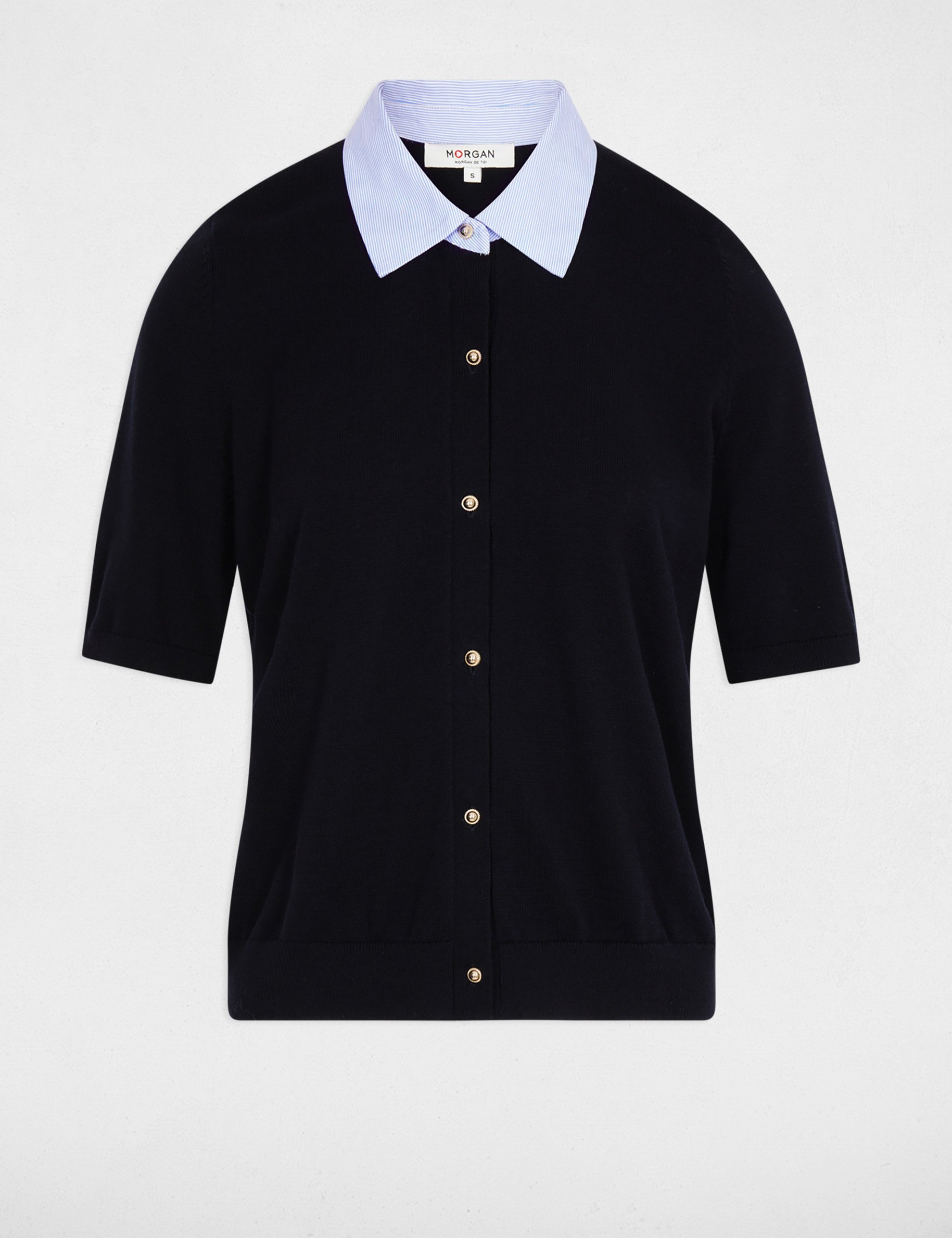 Pull col &agrave; revers bleu marine femme