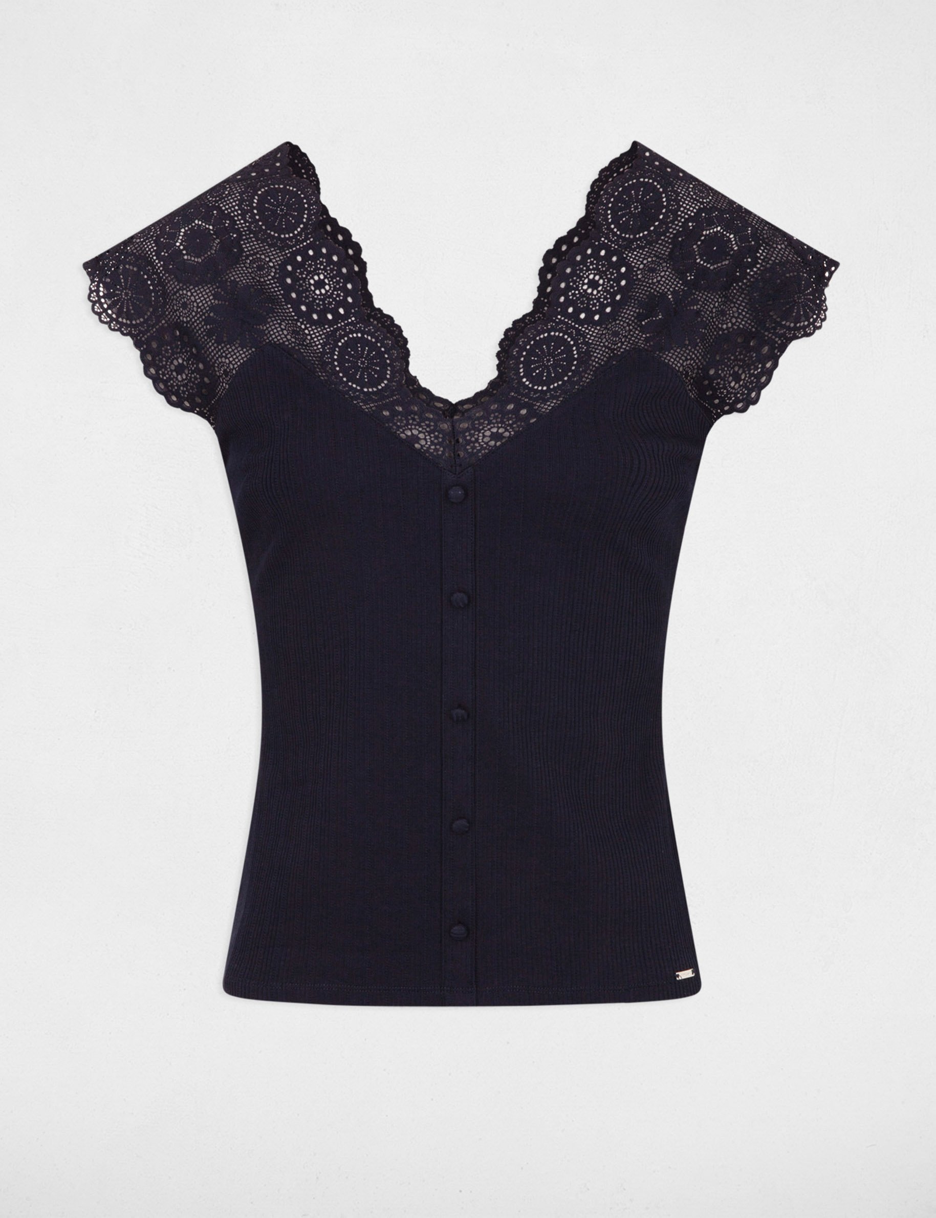 T-shirt manches courtes c&ocirc;tel&eacute; marine femme