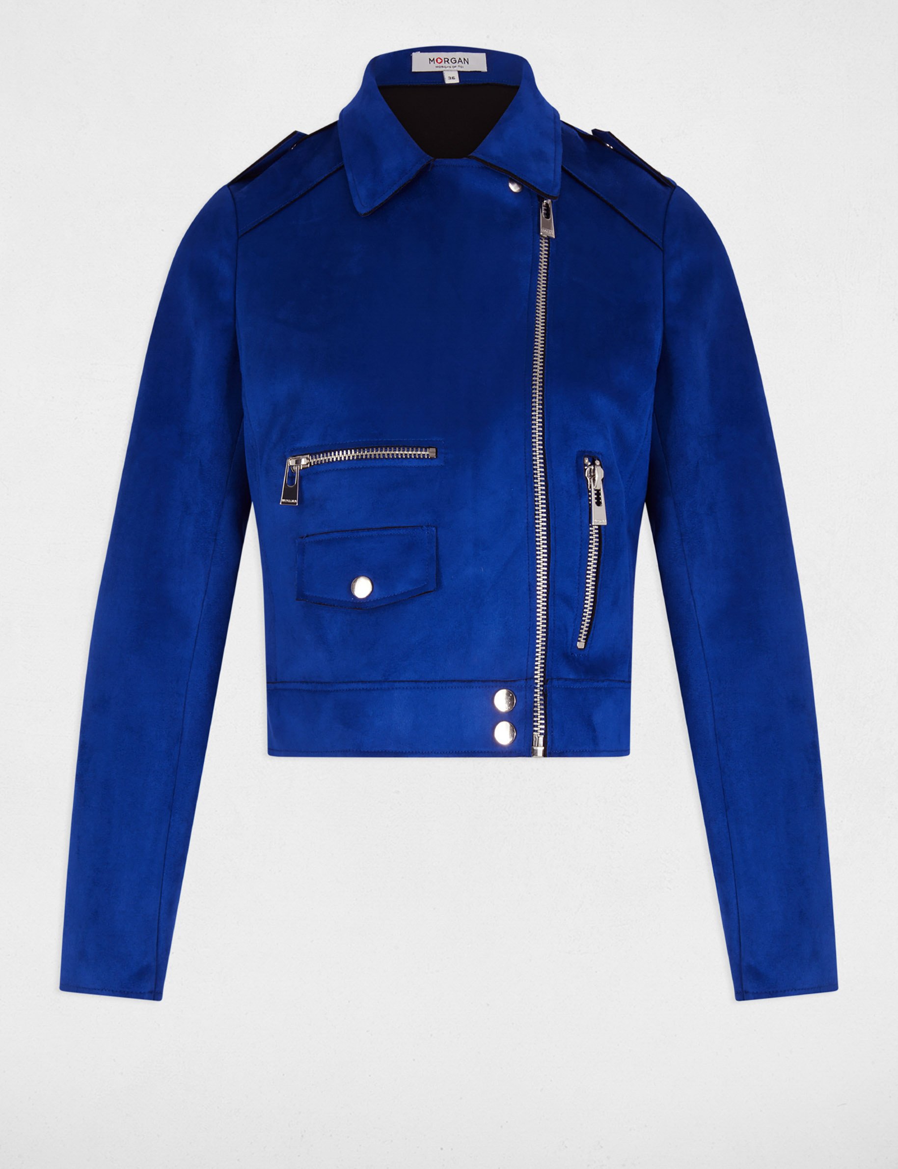 blouson court zippe suedine bleu electrique femme Blouson court zippé suédine bleu electrique femme