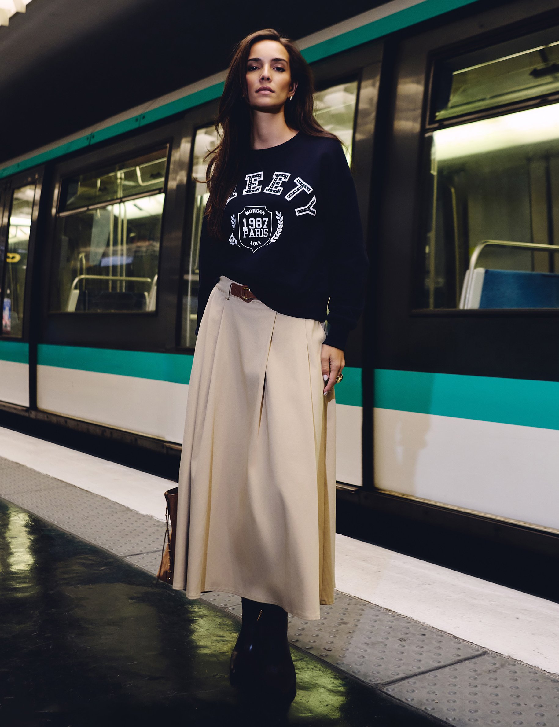 Uitlopende rok met hoge taille beige vrouw