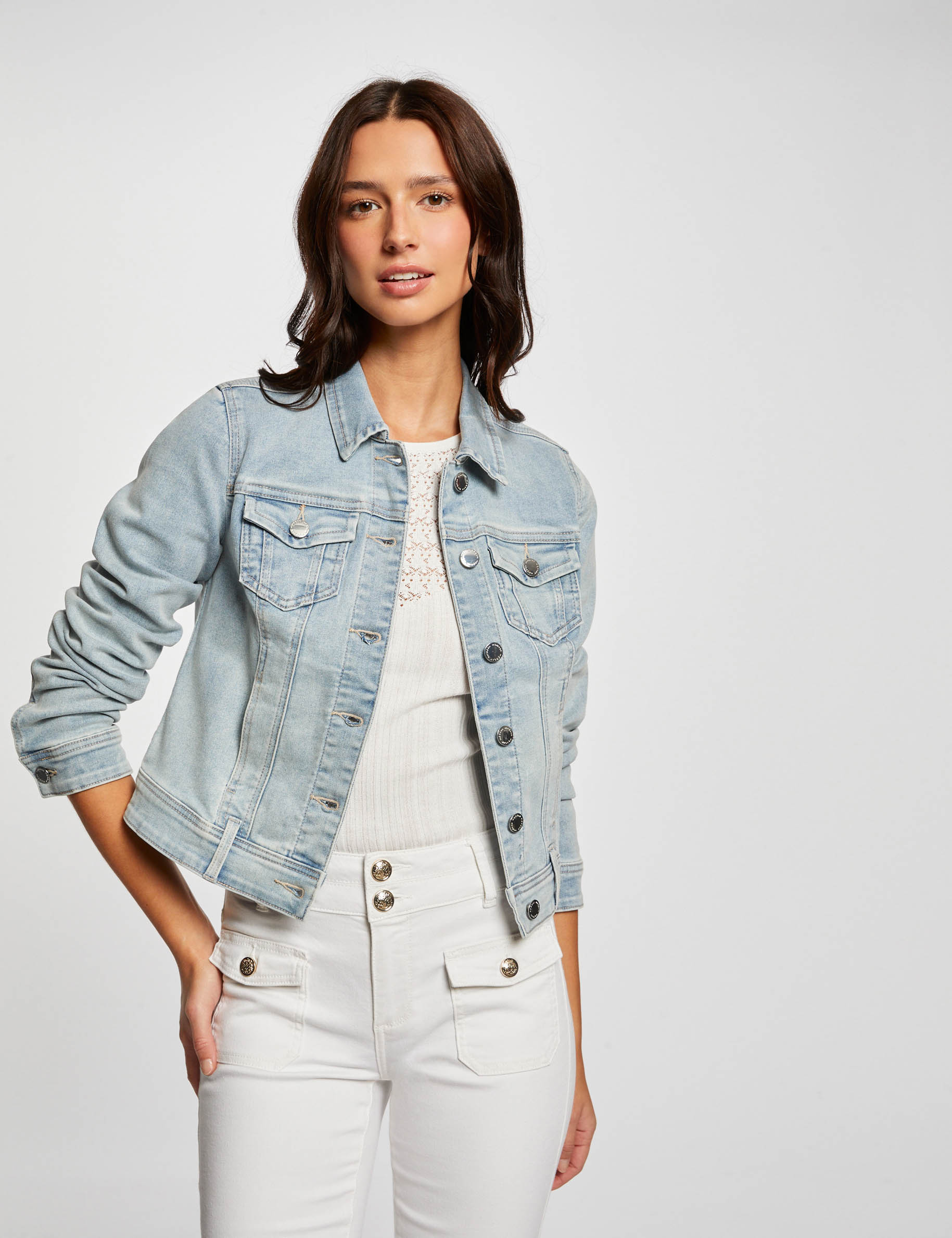 Rechte jeansjas met knopen jean bleached vrouw
