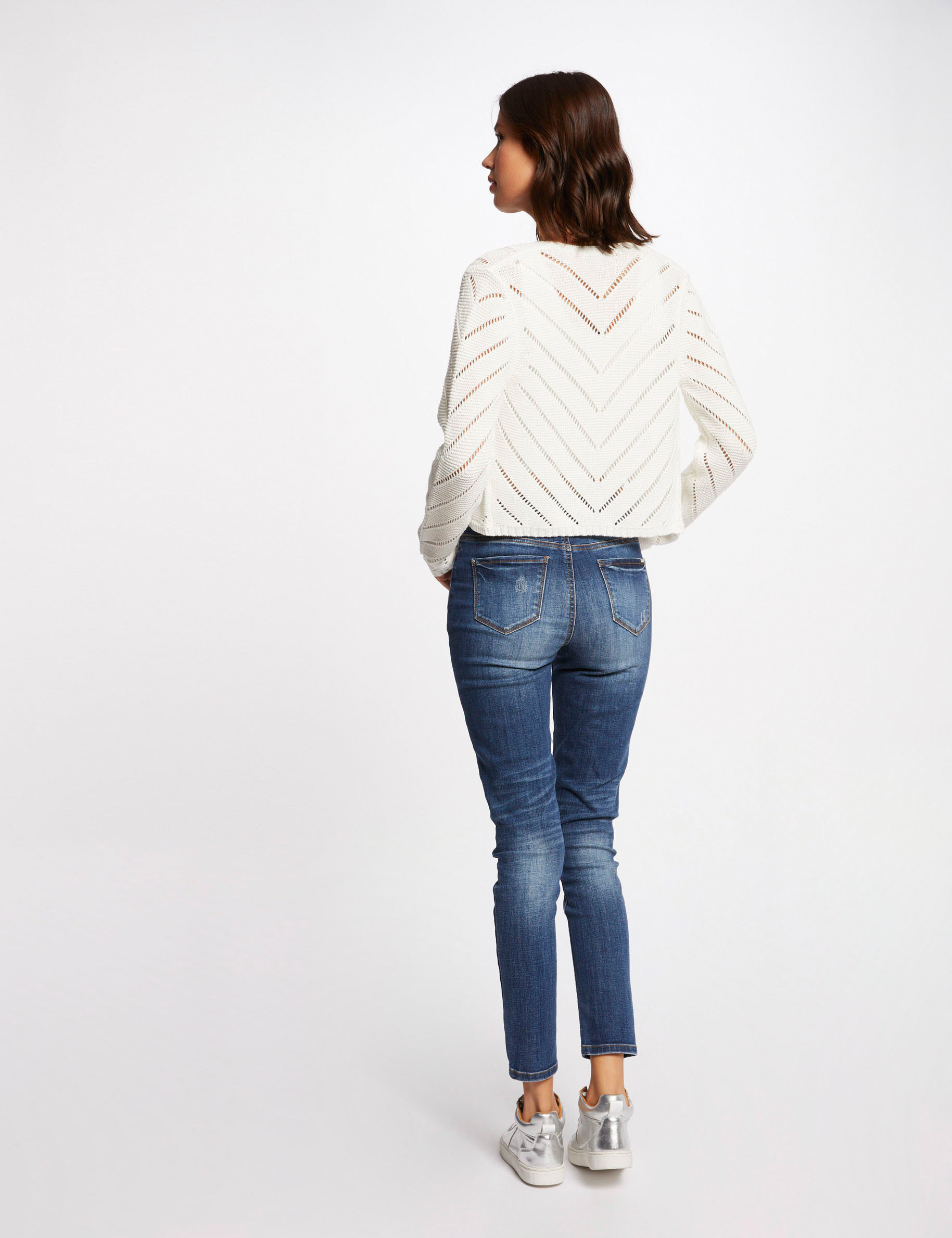 Gilet manches longues &agrave; d&eacute;tails ajour&eacute;s ivoire femme
