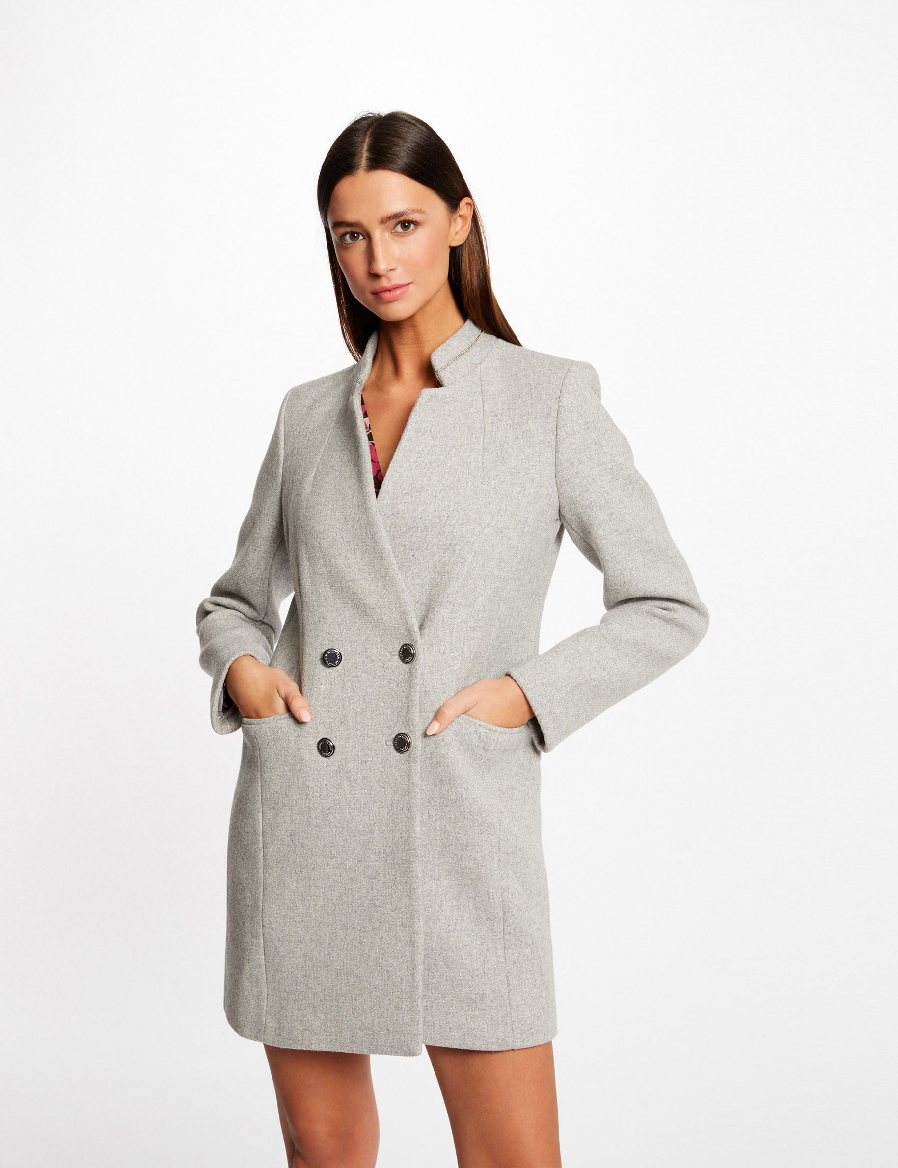 Manteau cintré boutonné gris clair femme