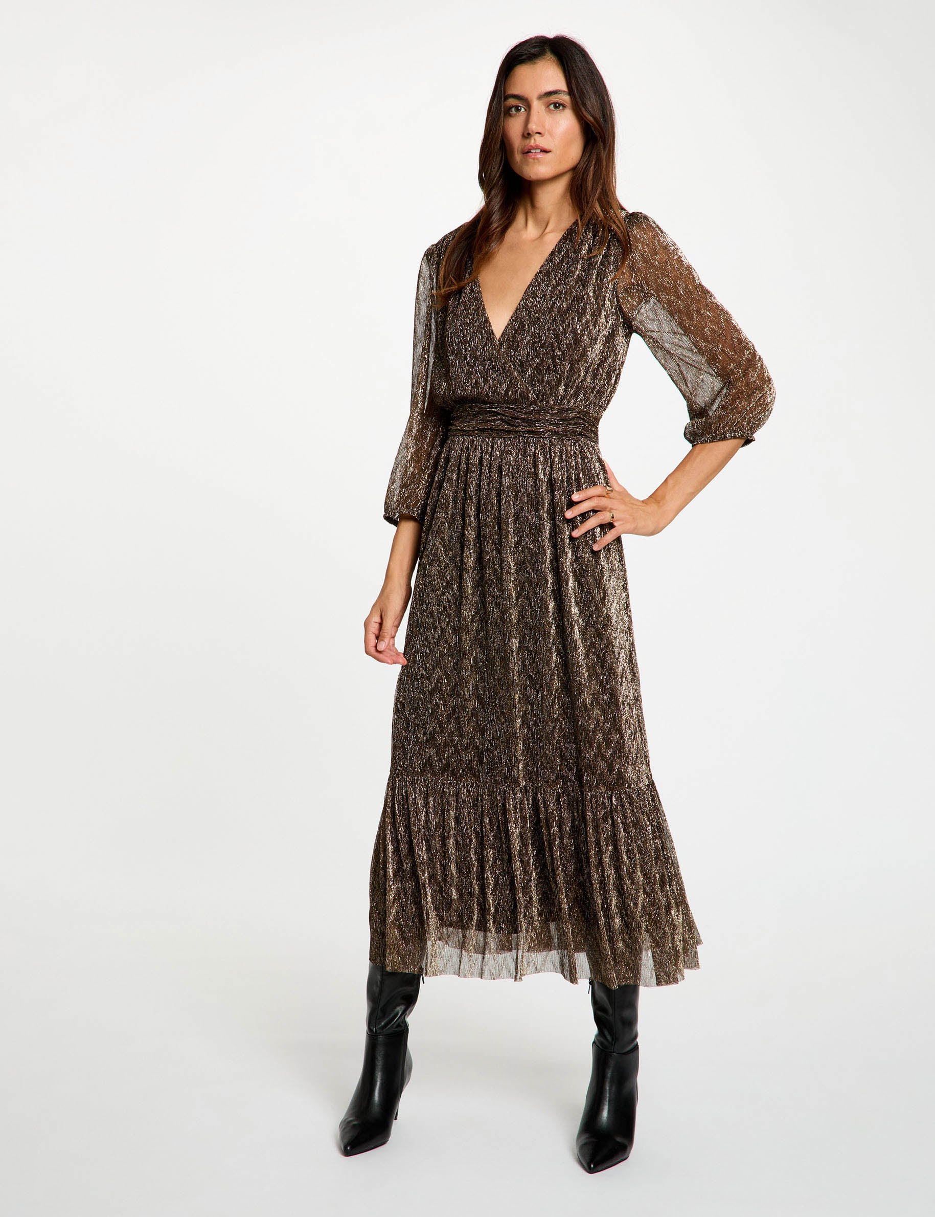 Robe longue pliss&eacute;e couleur bronze femme