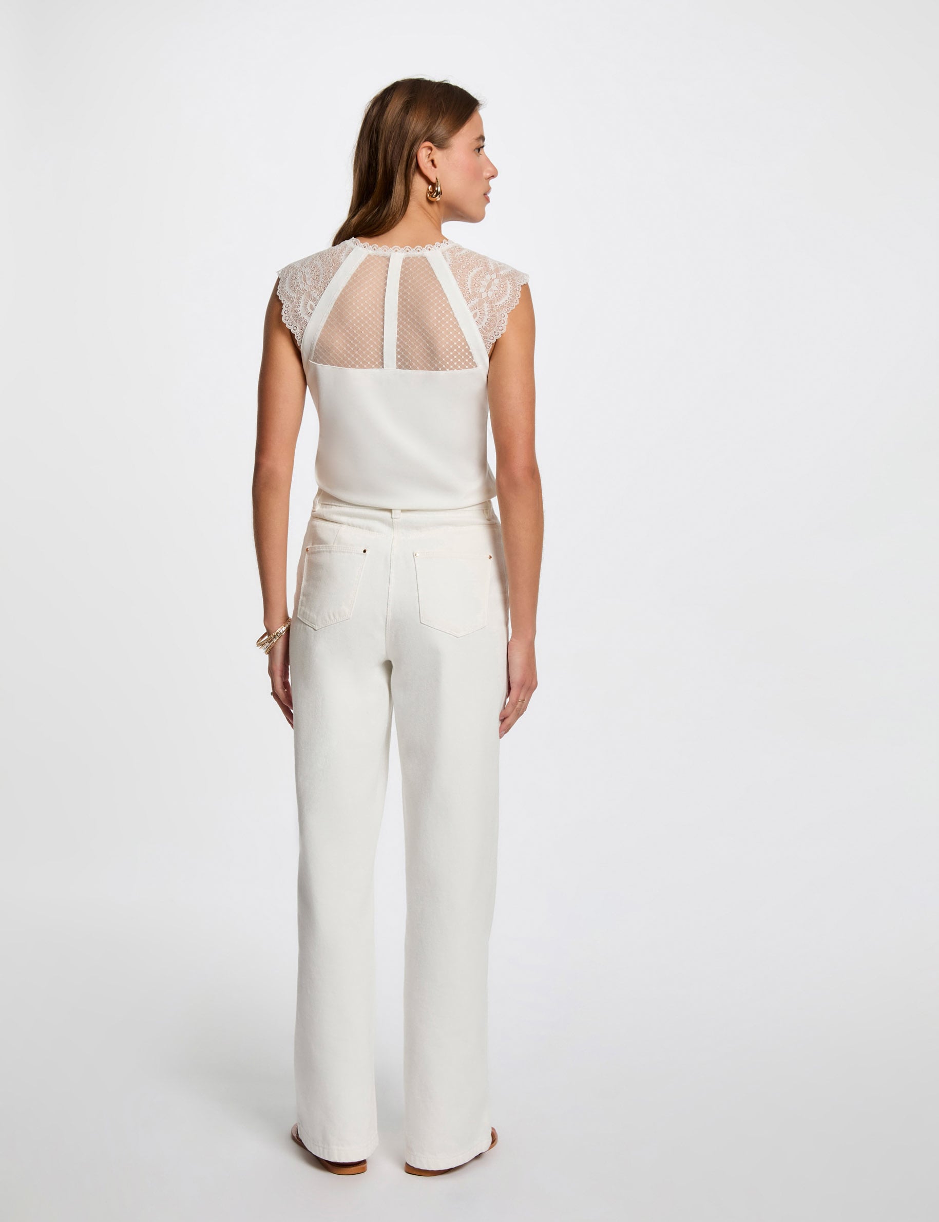 Kant T-shirt met V-hals helder wit vrouw
