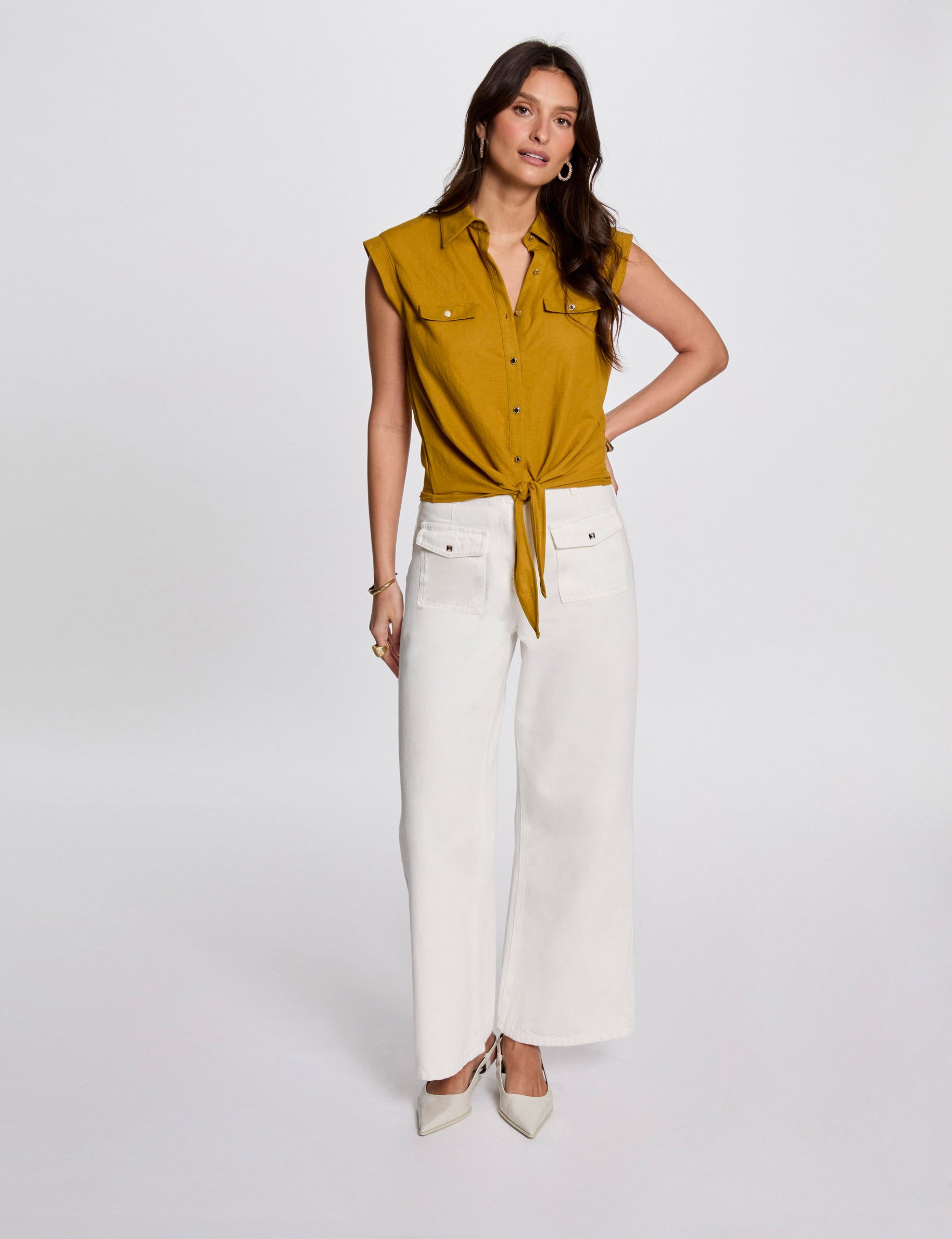 mouwloze blouse mosterd geel vrouw Mouwloze blouse mosterd geel vrouw