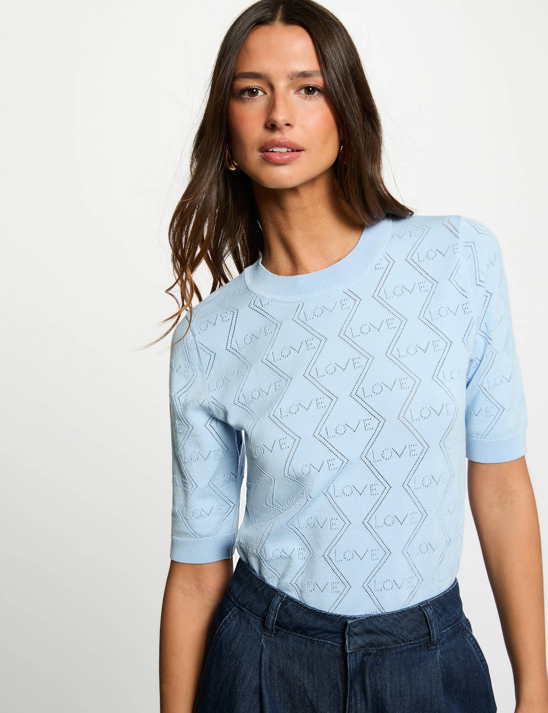 Pull ajour&eacute; manches 3/4 bleu ciel femme