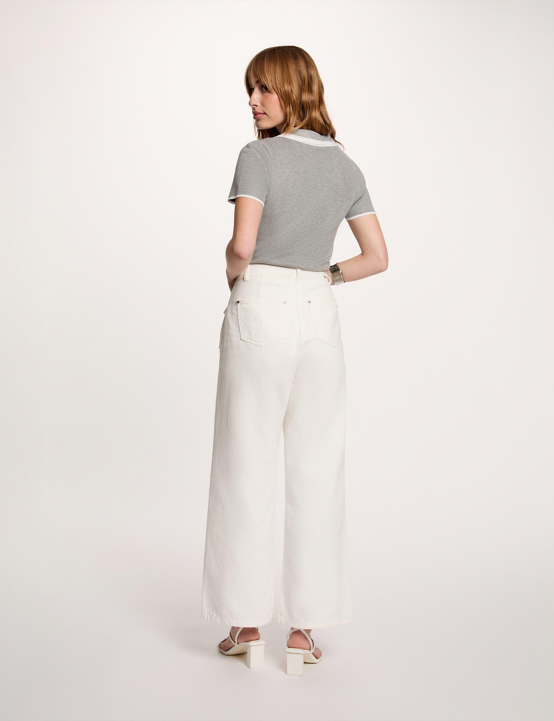 Pull col polo manches courtes gris clair femme