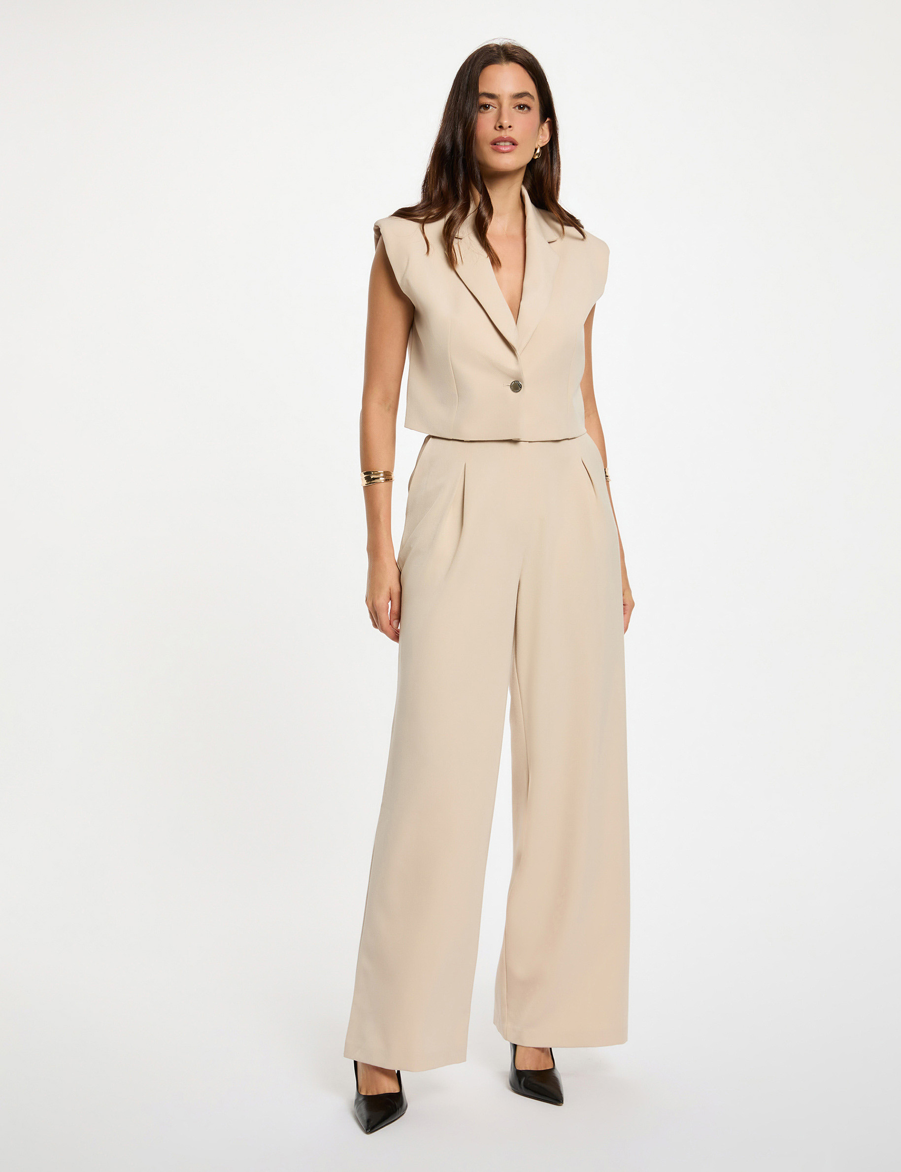 Veste cropped sans manches beige femme