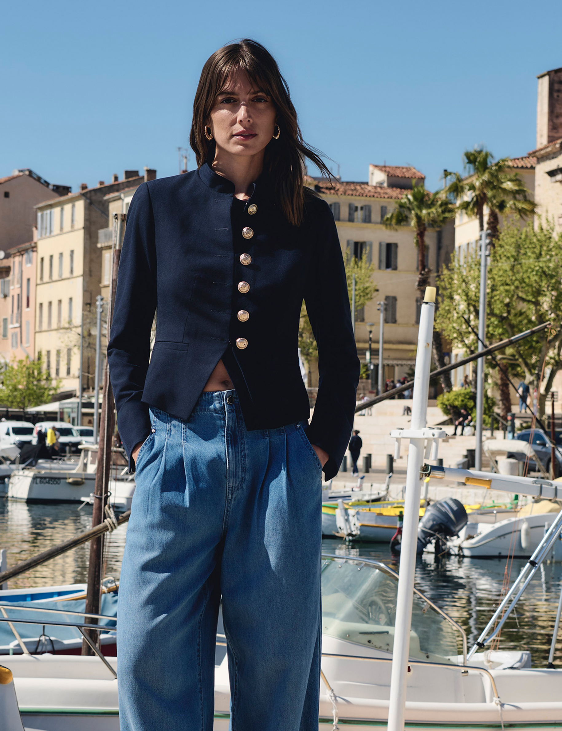 Veste courte col mao bleu marine femme