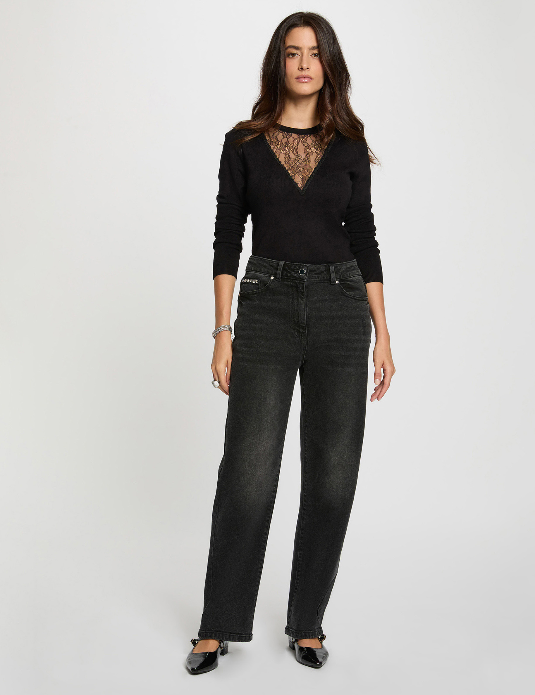 pull col rond dentelle noir femme Pull col rond dentelle noir femme