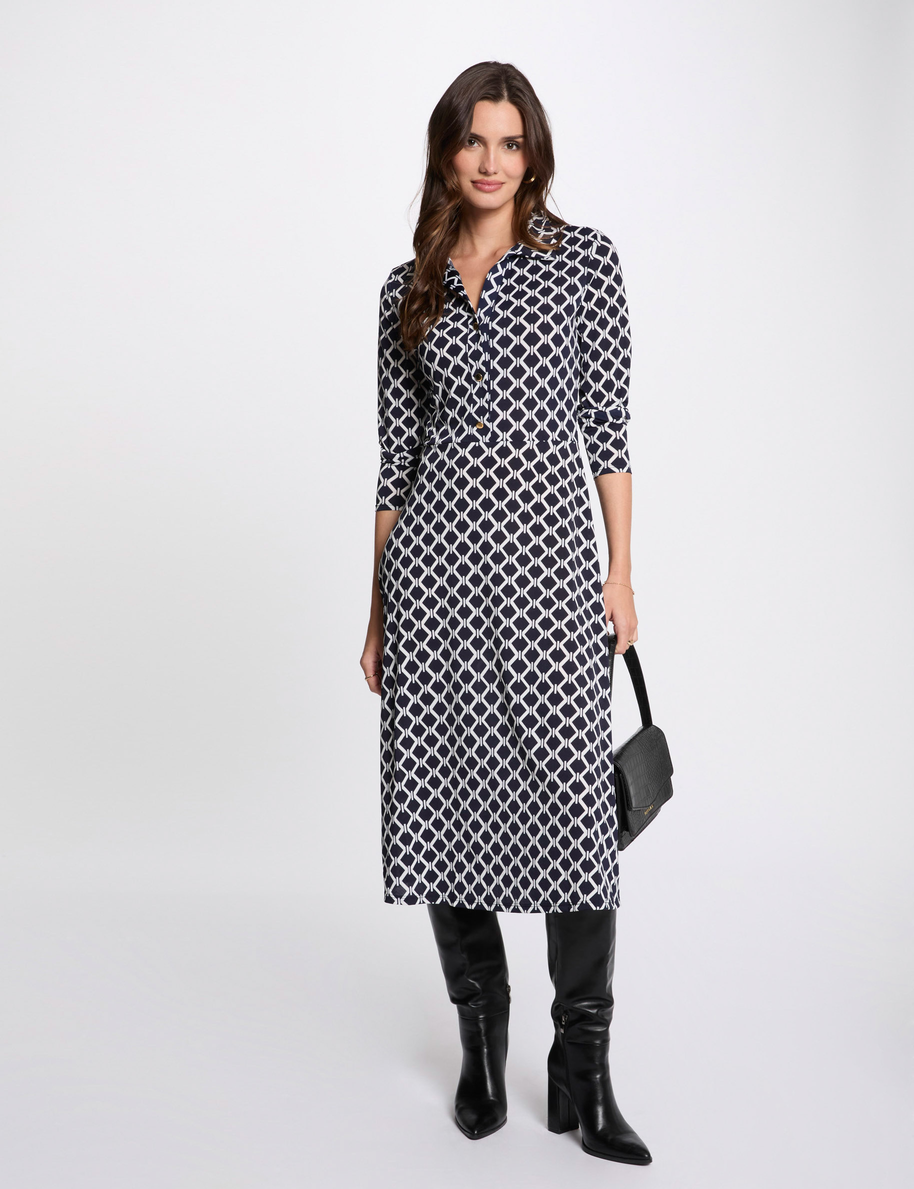 Robe midi droite imprimée bleu marine femme