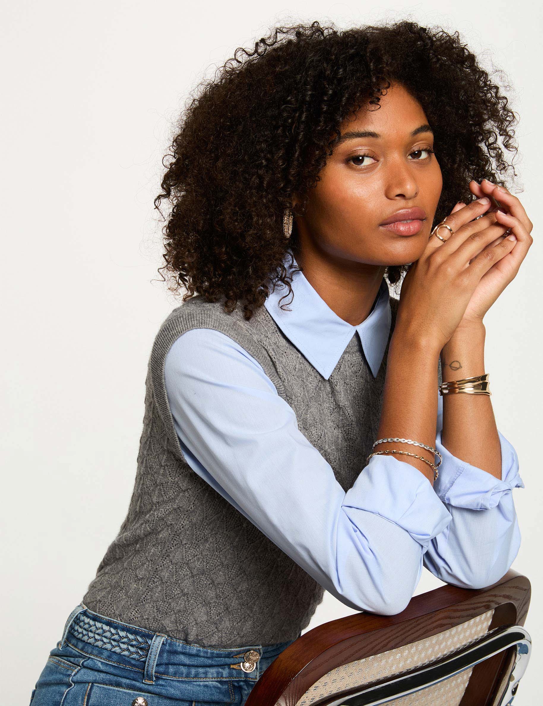 Pull col revers chemise gris clair femme