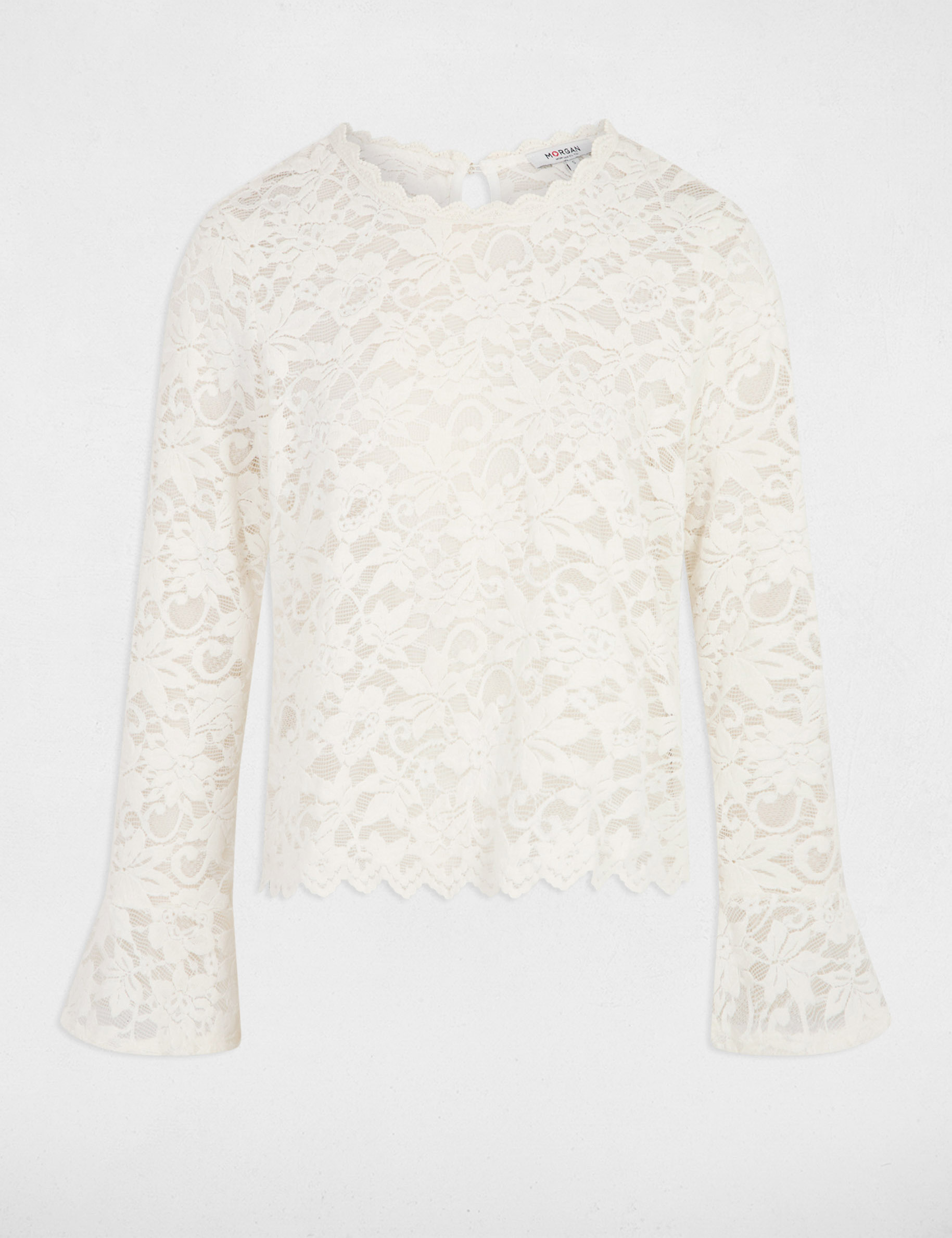 T-shirt dentelle manches longues blanc femme