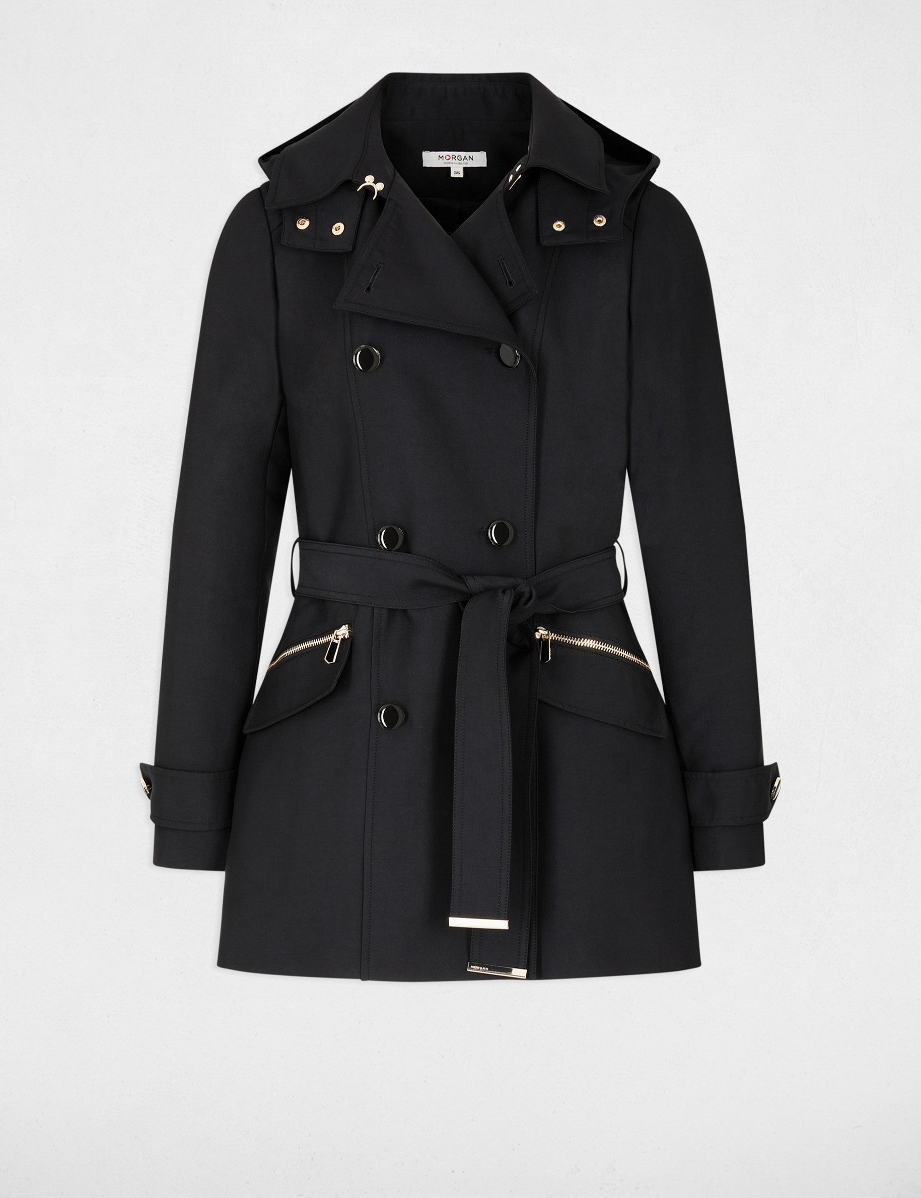 Getailleerde trenchcoat met capuchon zwart vrouw