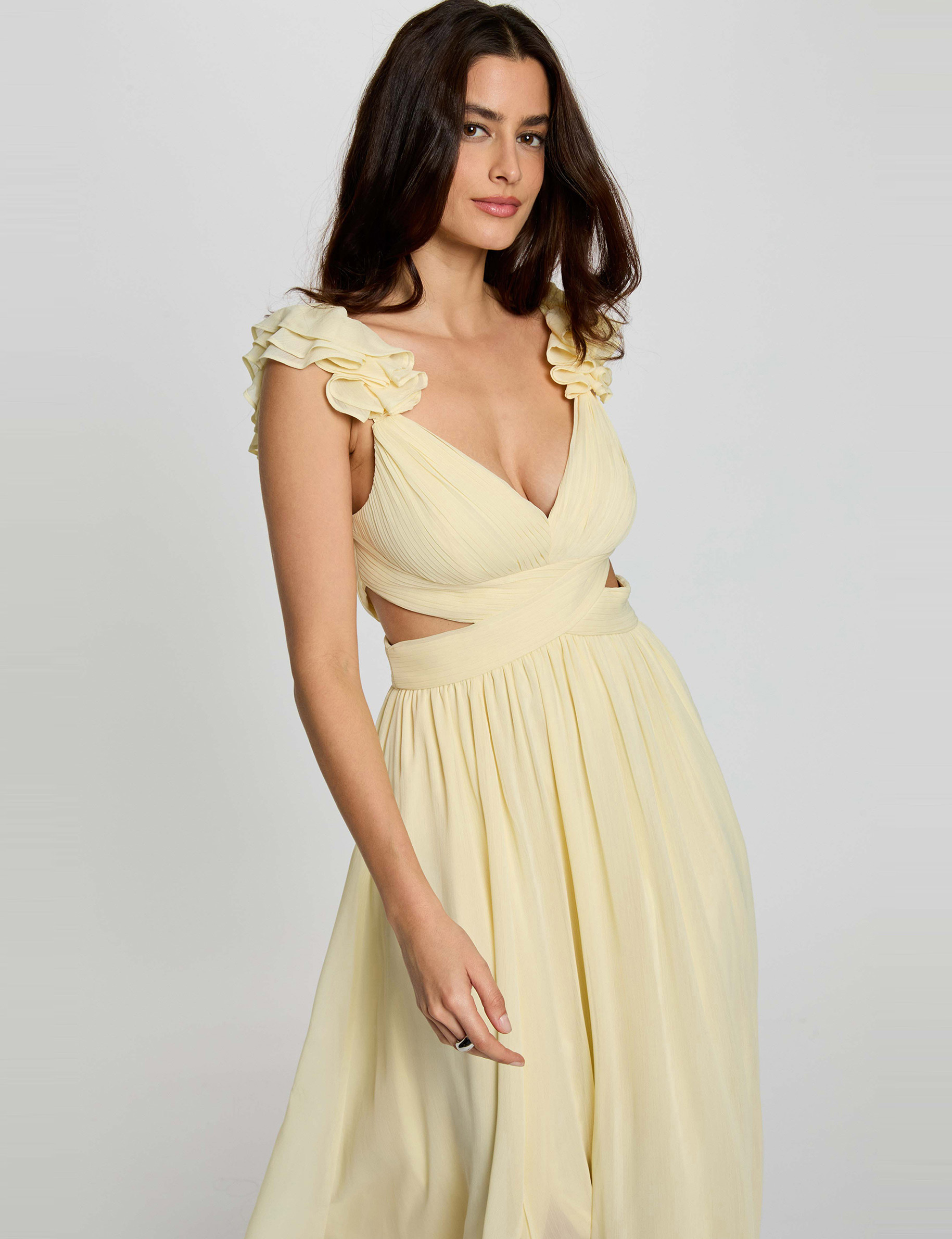 Robe longue droite fluide jaune pastel femme