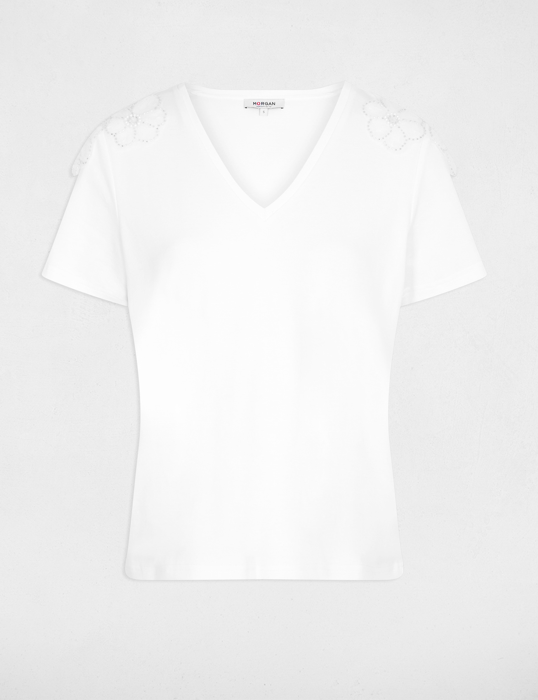 T-shirt col v manches courtes blanc femme