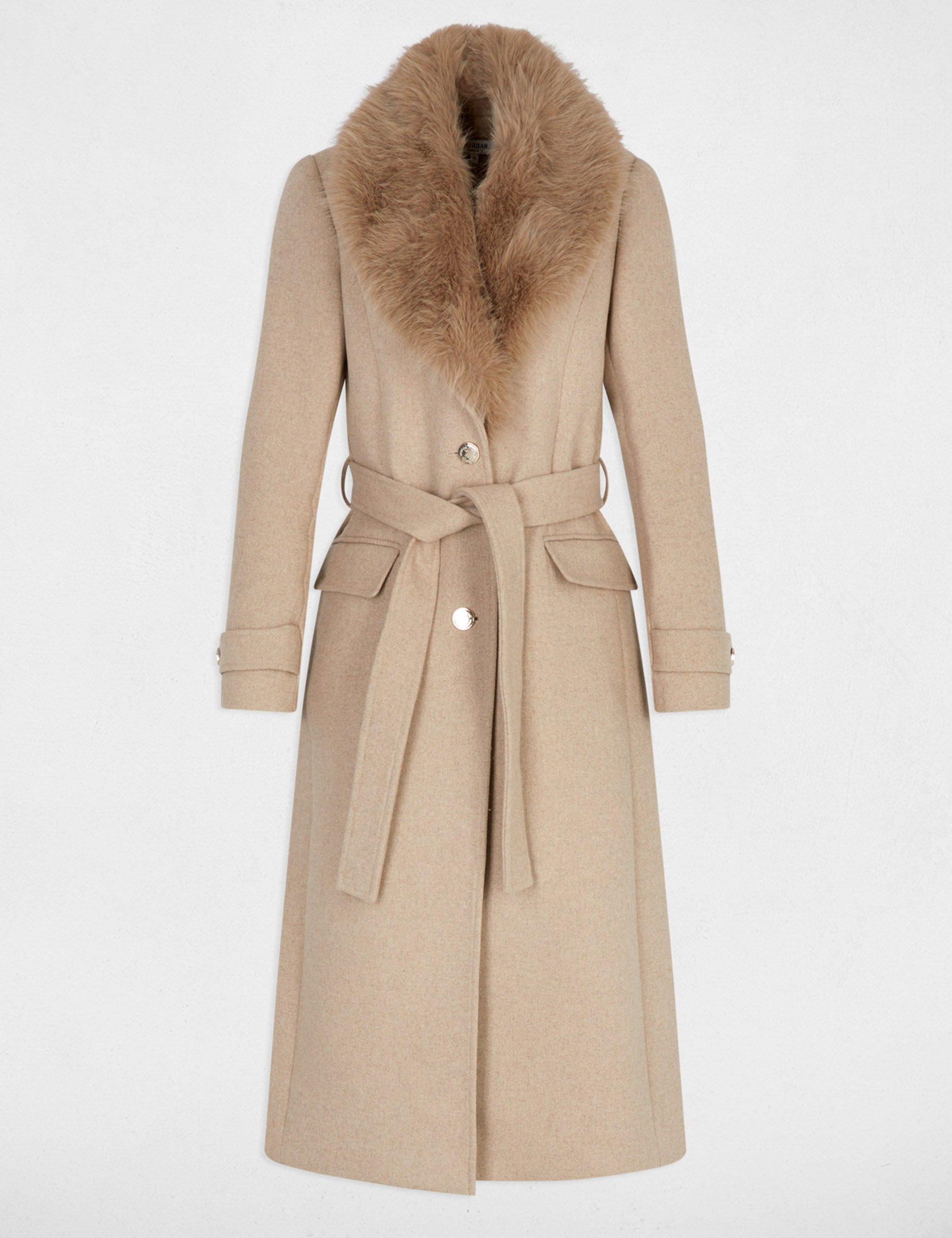 Manteau long ceinturé beige femme