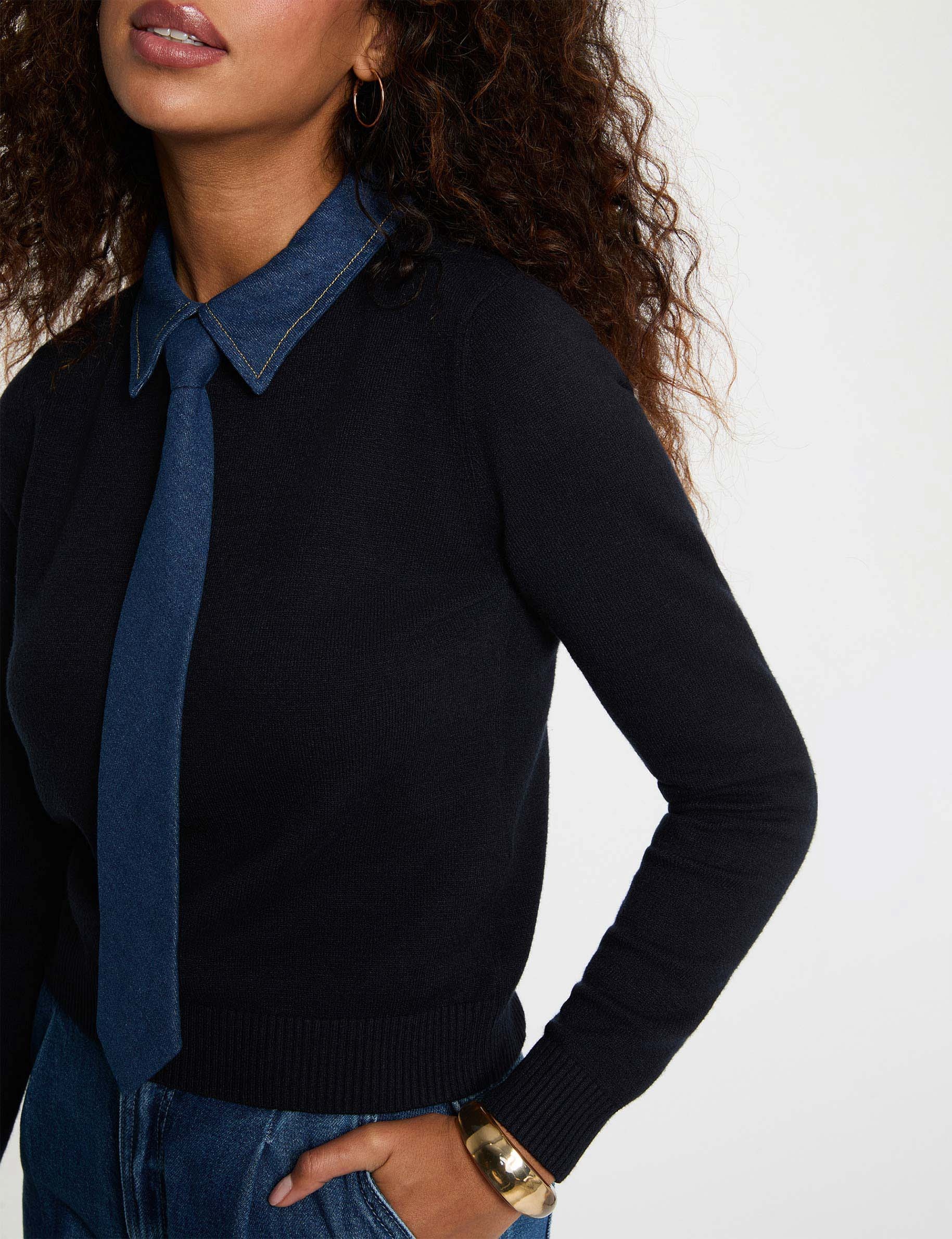 Pull col &agrave; revers bleu marine femme