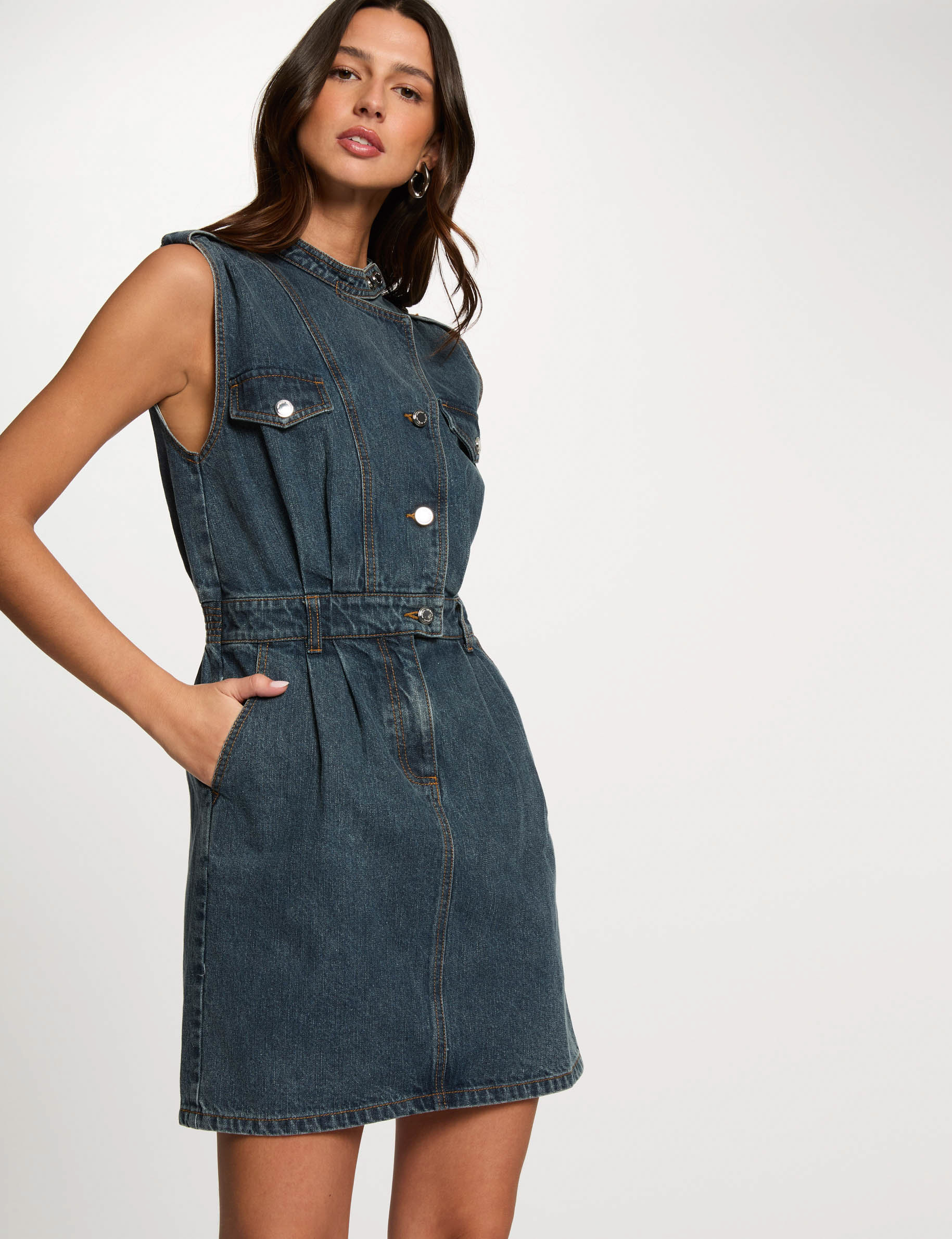 Korte rechte jurk van spijkerstof stone washed denim vrouw