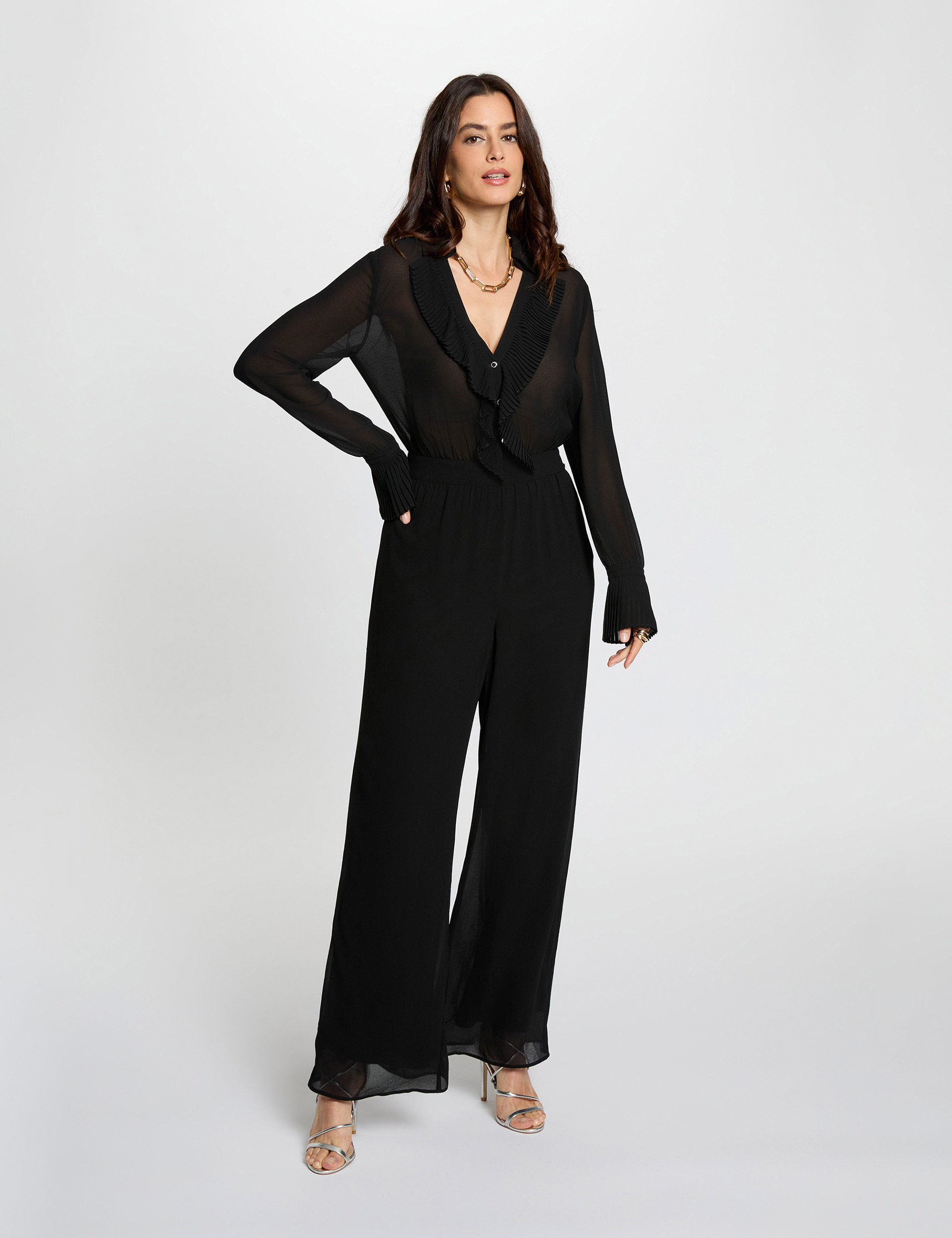 Vloeiende jumpsuit met reverskraag zwart vrouw
