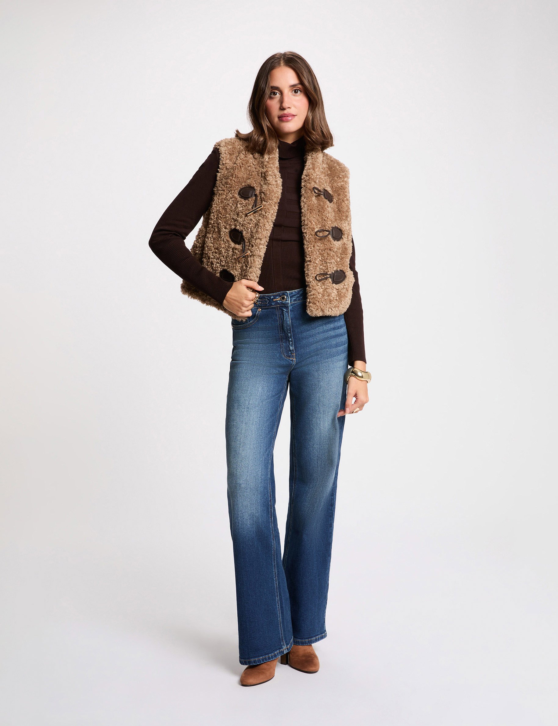 Mouwloos vest met sjaalkraag bruin vrouw