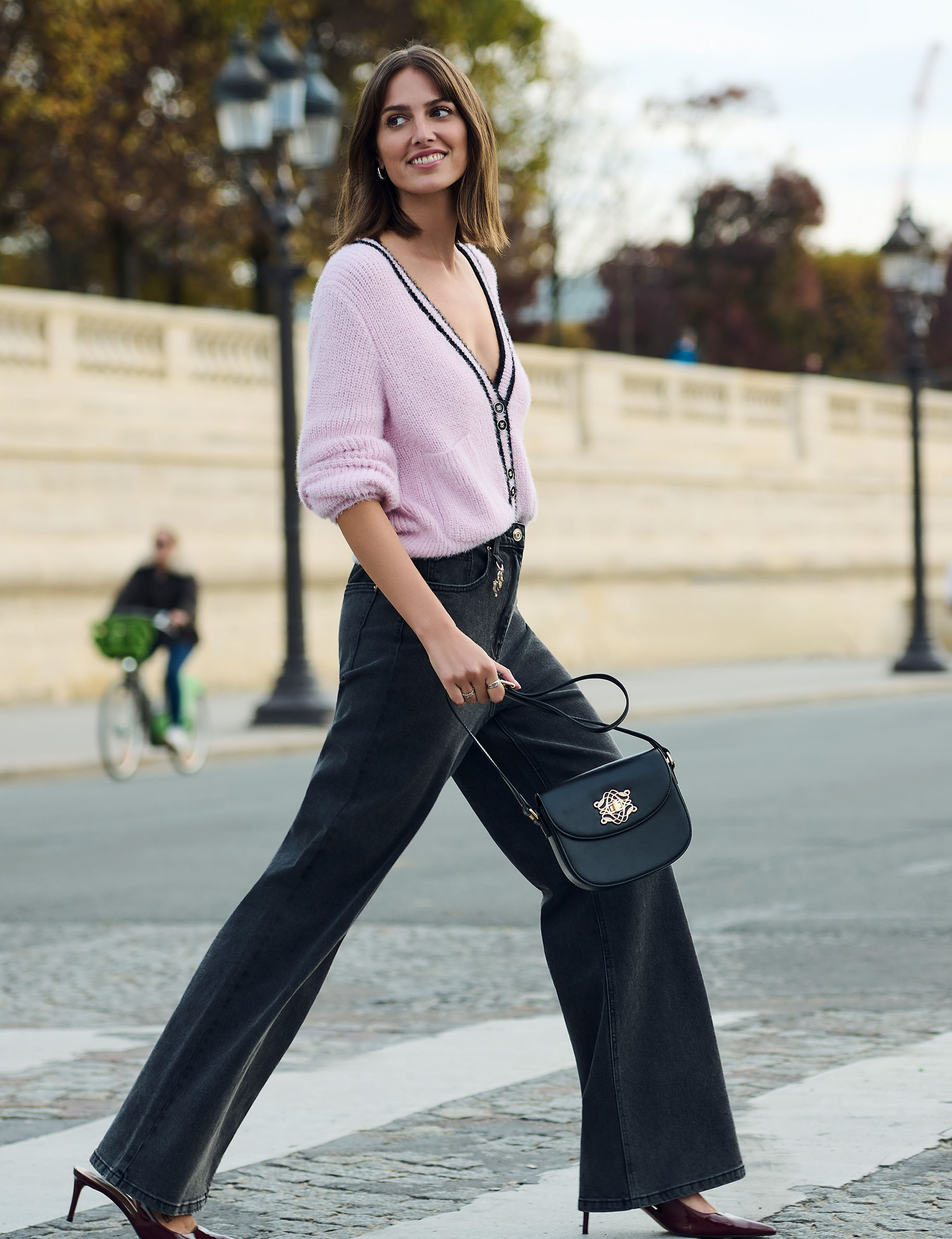 High-waist wijde broek denim zwart vrouw