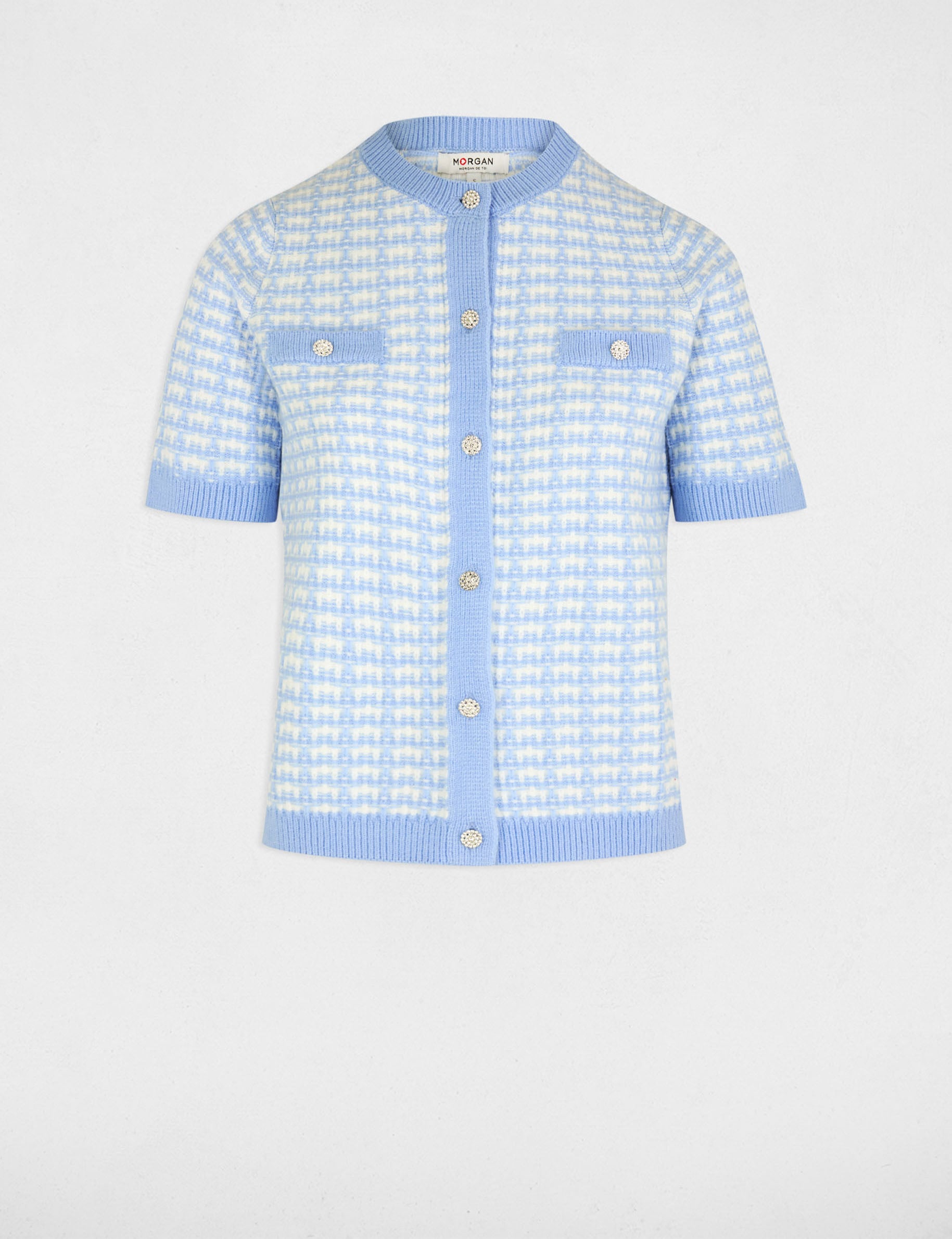 Gilet manches courtes imprim&eacute; bleu ciel femme