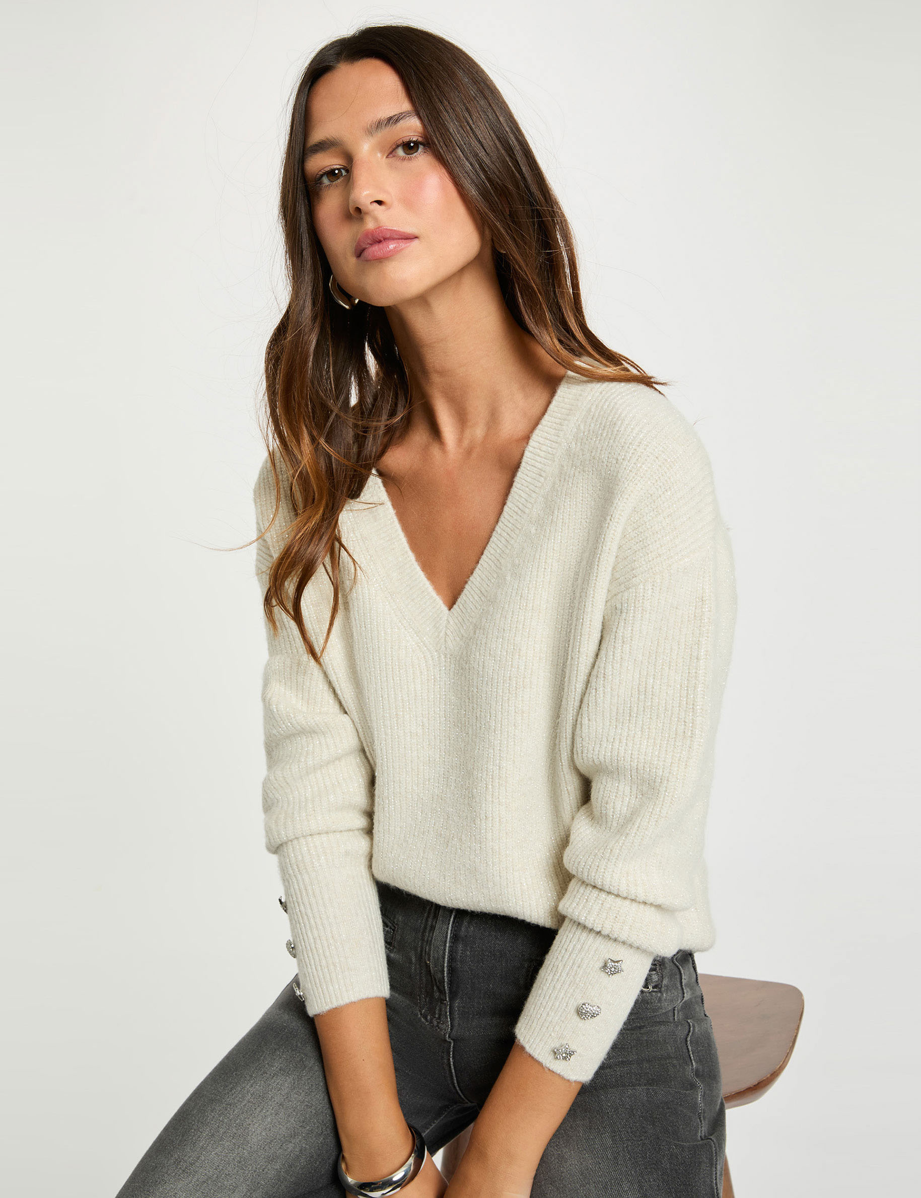 Pull col en V oversize ivoire femme