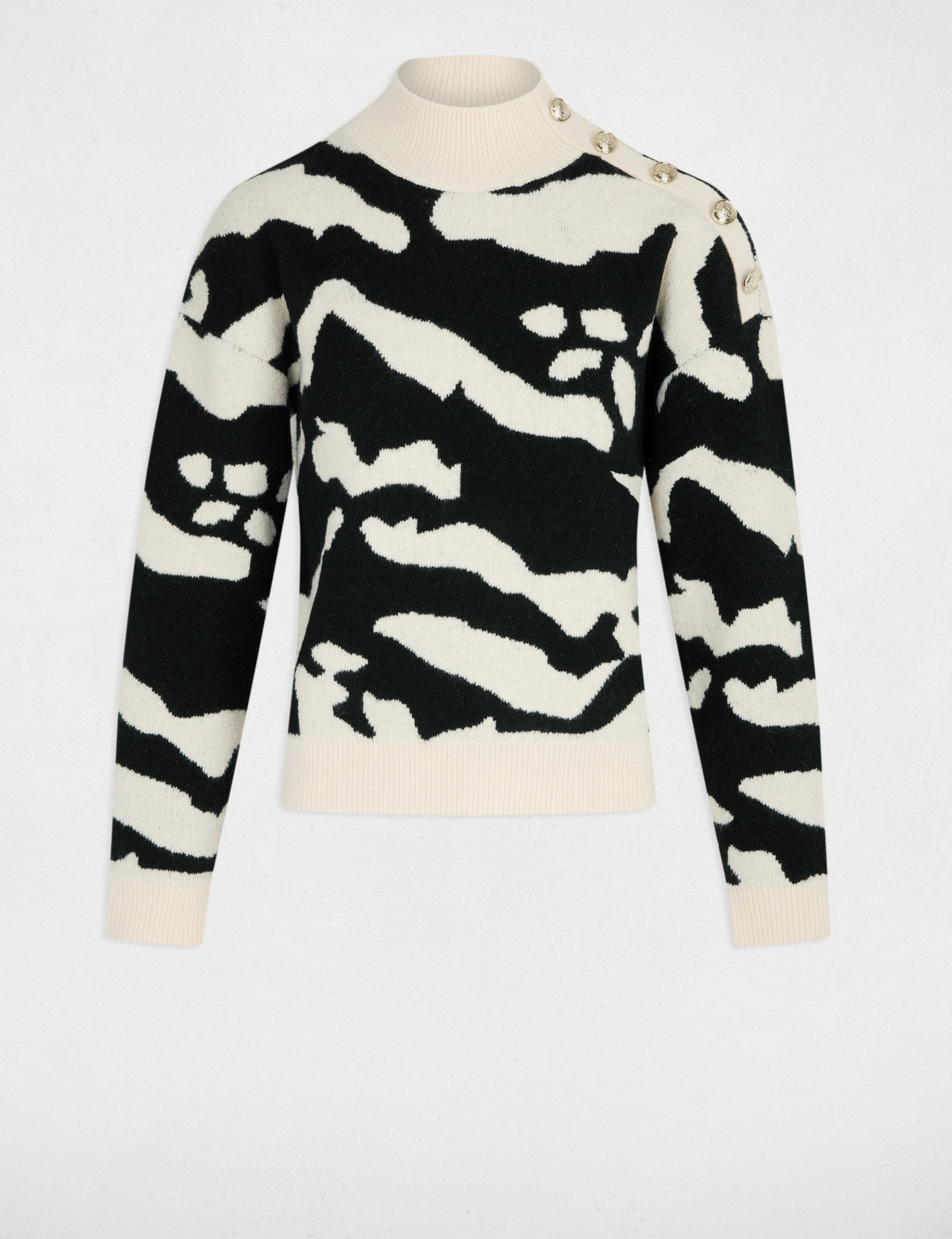 Pull col montant imprim&eacute; beige femme