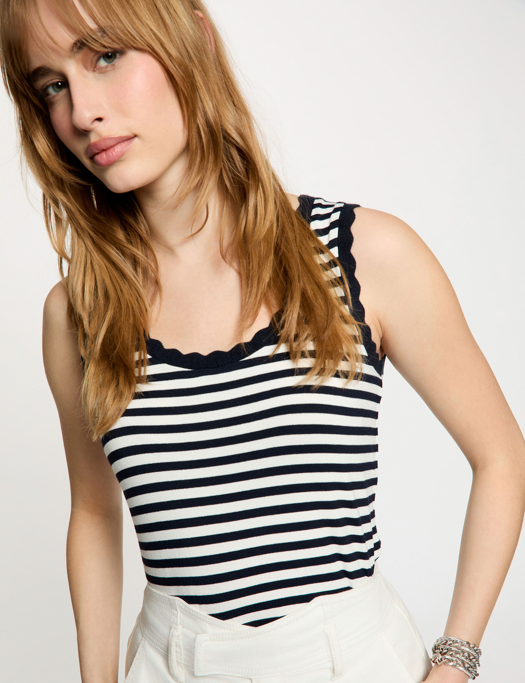 Gestreepte tanktop met ronde hals marineblauw vrouw