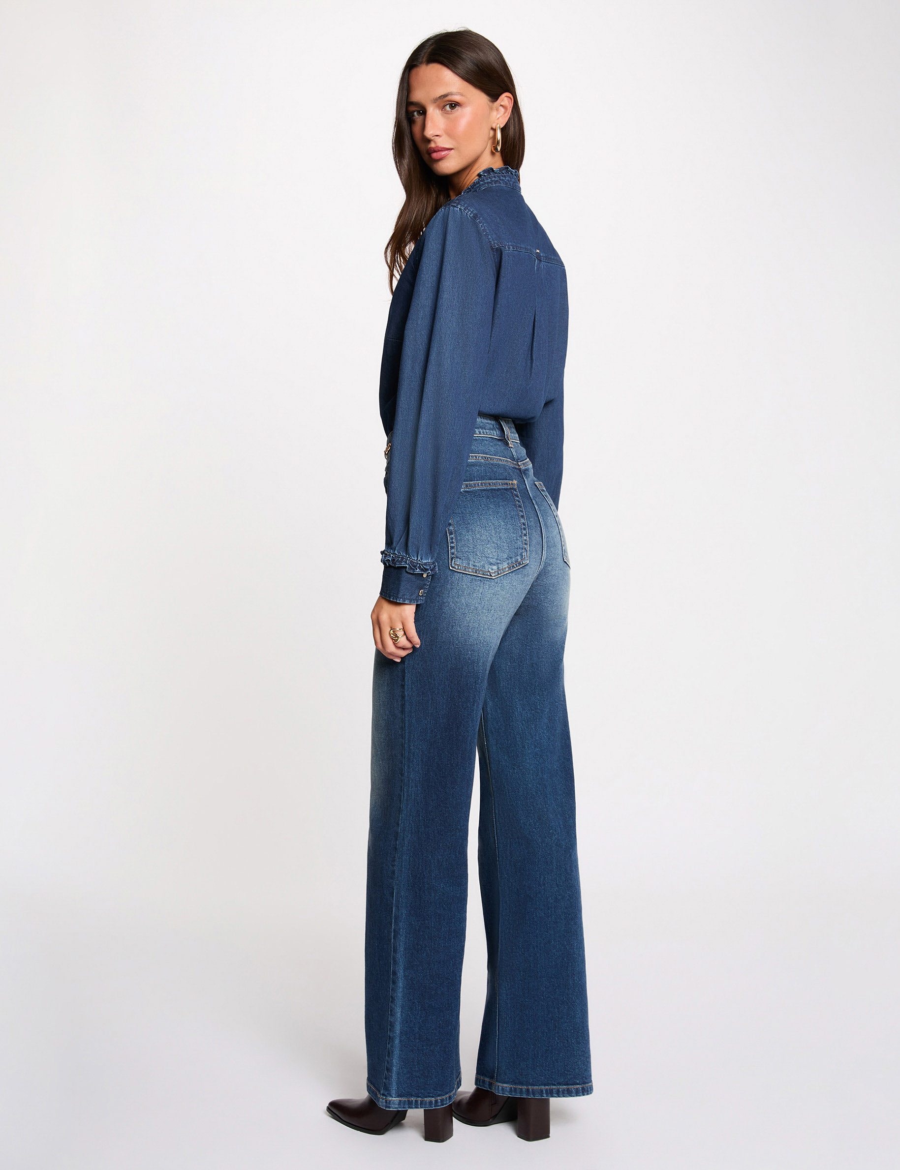 Hoge taille wijde jeans stone washed denim vrouw