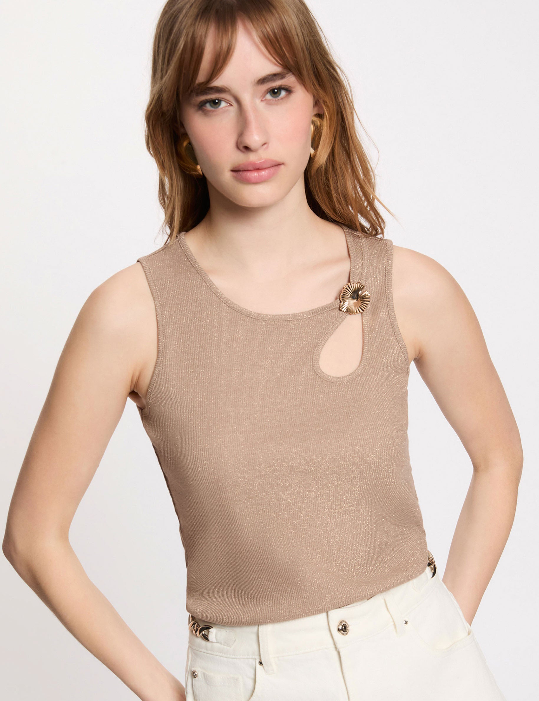 Mouwloos top met sierlijke halslijn taupe vrouw