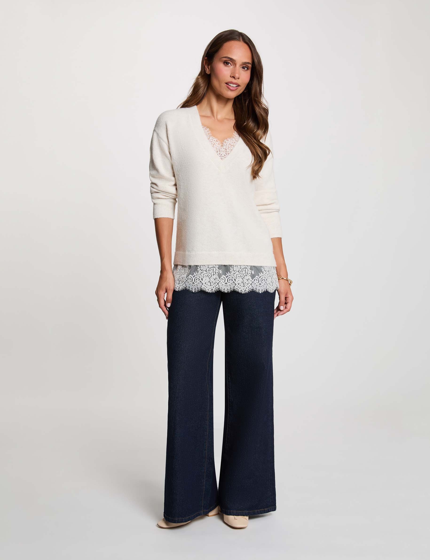 Pull col v manches longues ivoire femme