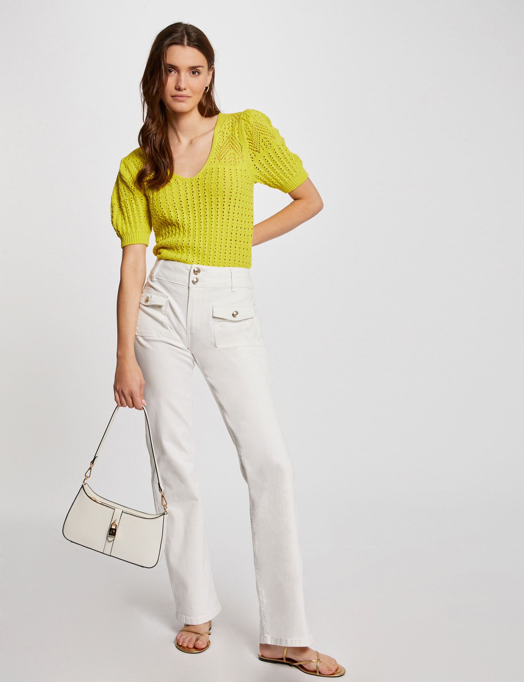 pull manches courtes ajoure jaune moyen femme Pull manches courtes ajouré jaune moyen femme
