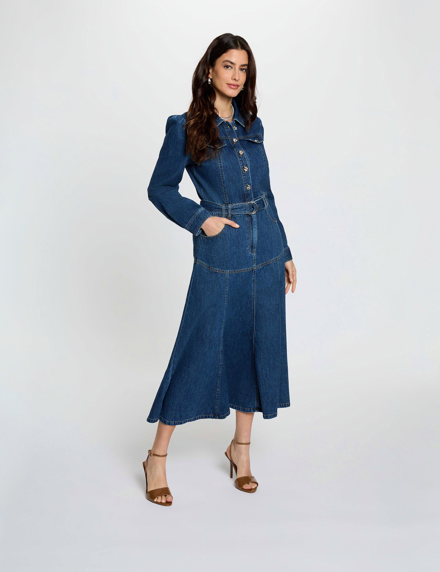 Robe longue ajust&eacute;e denim brut femme