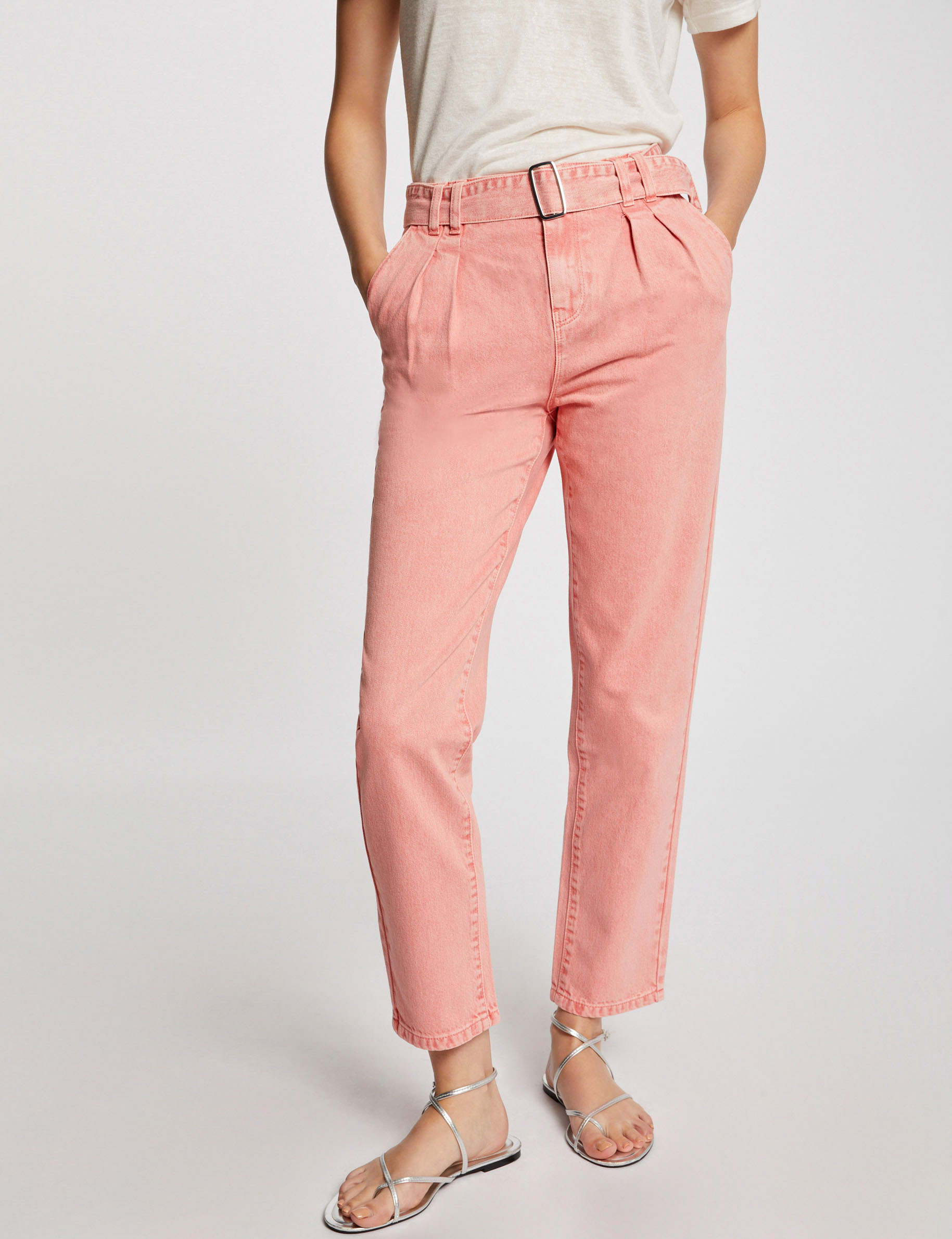 Jeans droit ceinturé 7/8ème corail femme