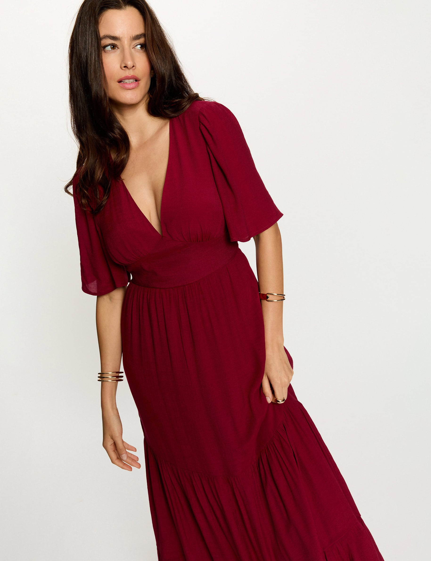 Robe longue col v bordeaux femme