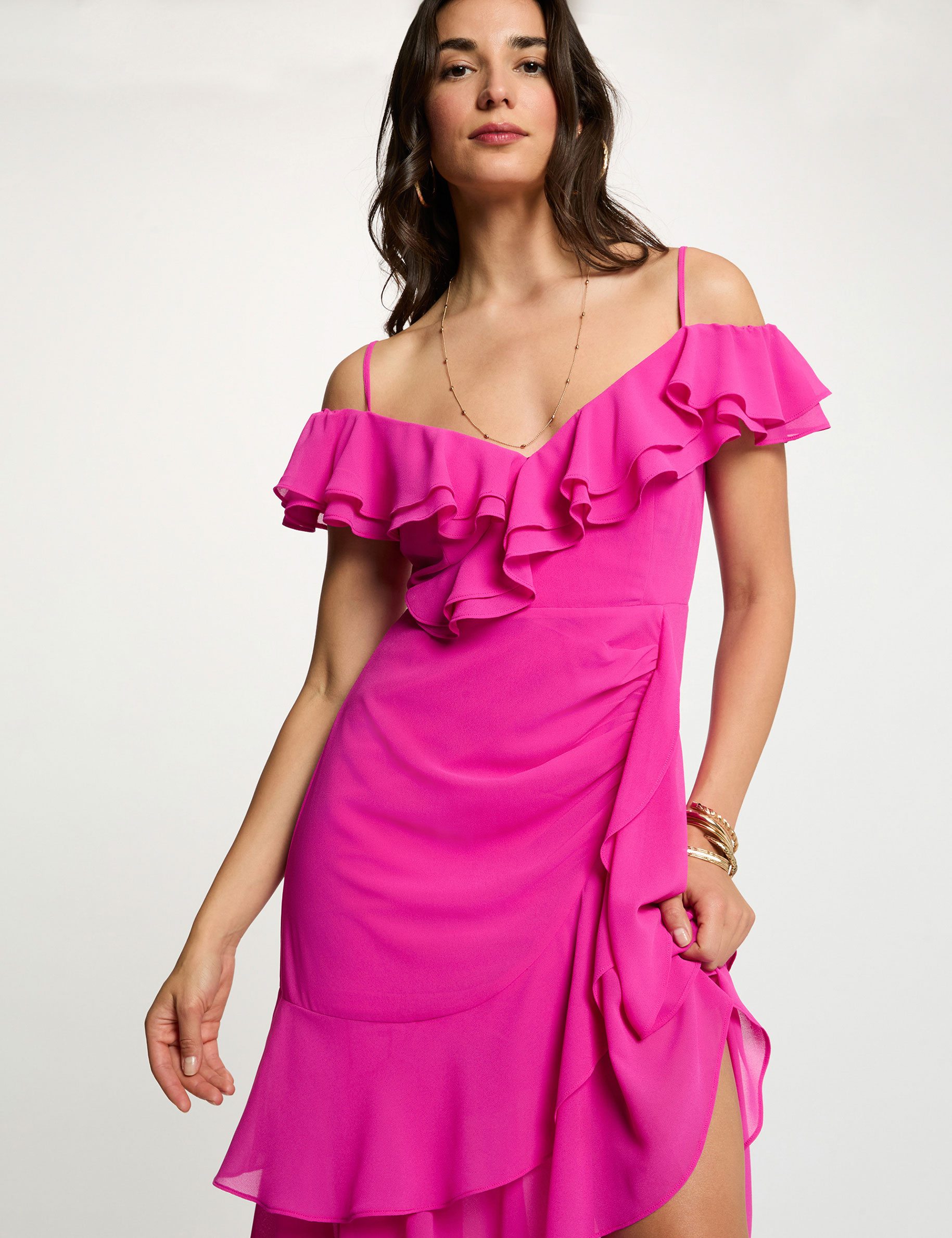 Rechte midi-jurk met ruches framboosroze vrouw