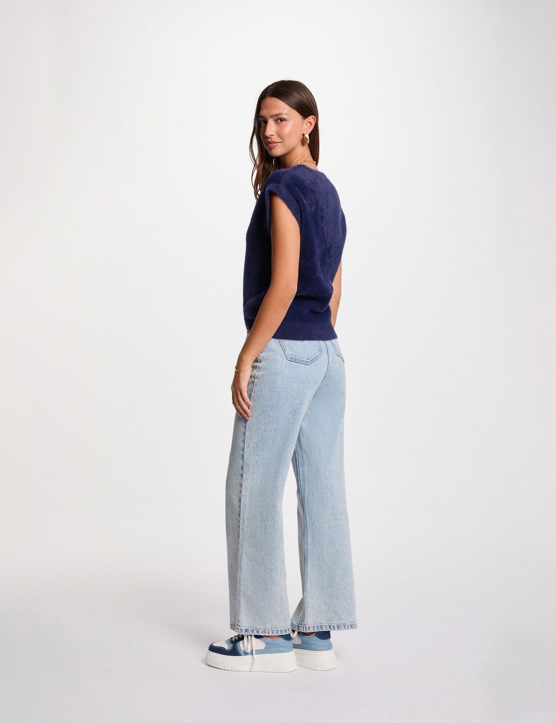 Pull sans manches bleu marine femme